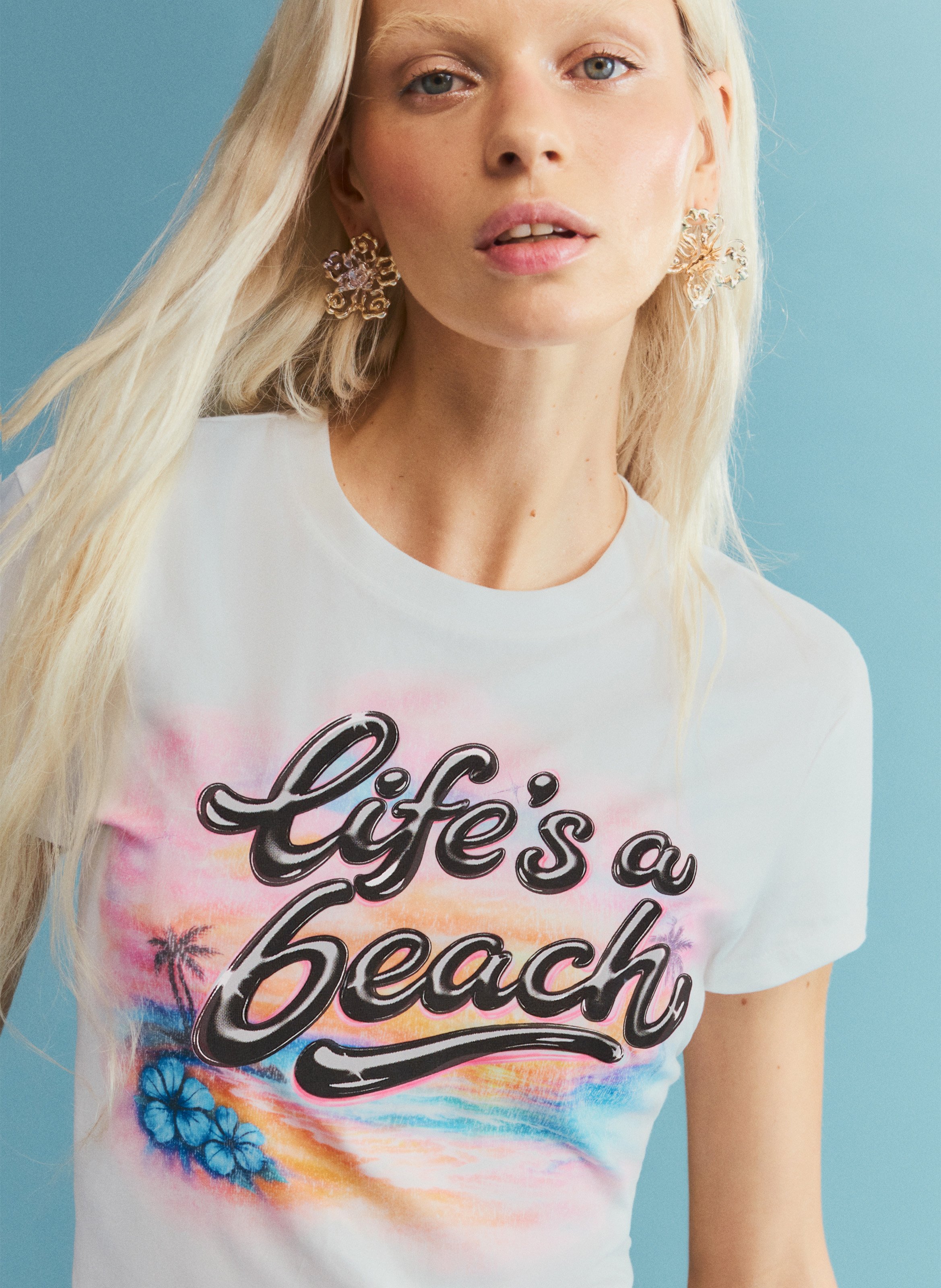 Tee-shirt droit col rond en coton mélangé imprimé DESIGUAL Blanc