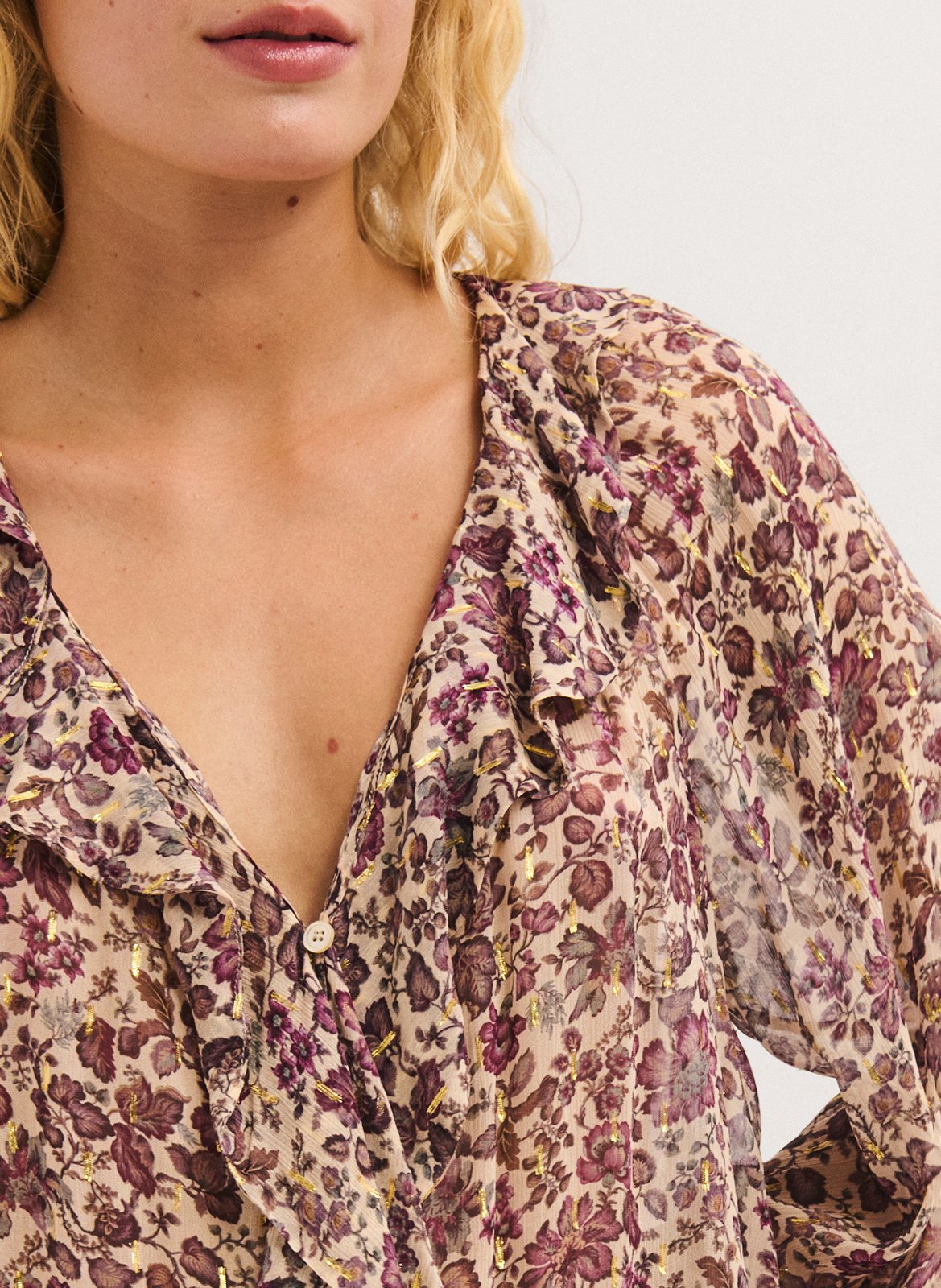 Straight-cut printed V-neck blouse PABLO Beige