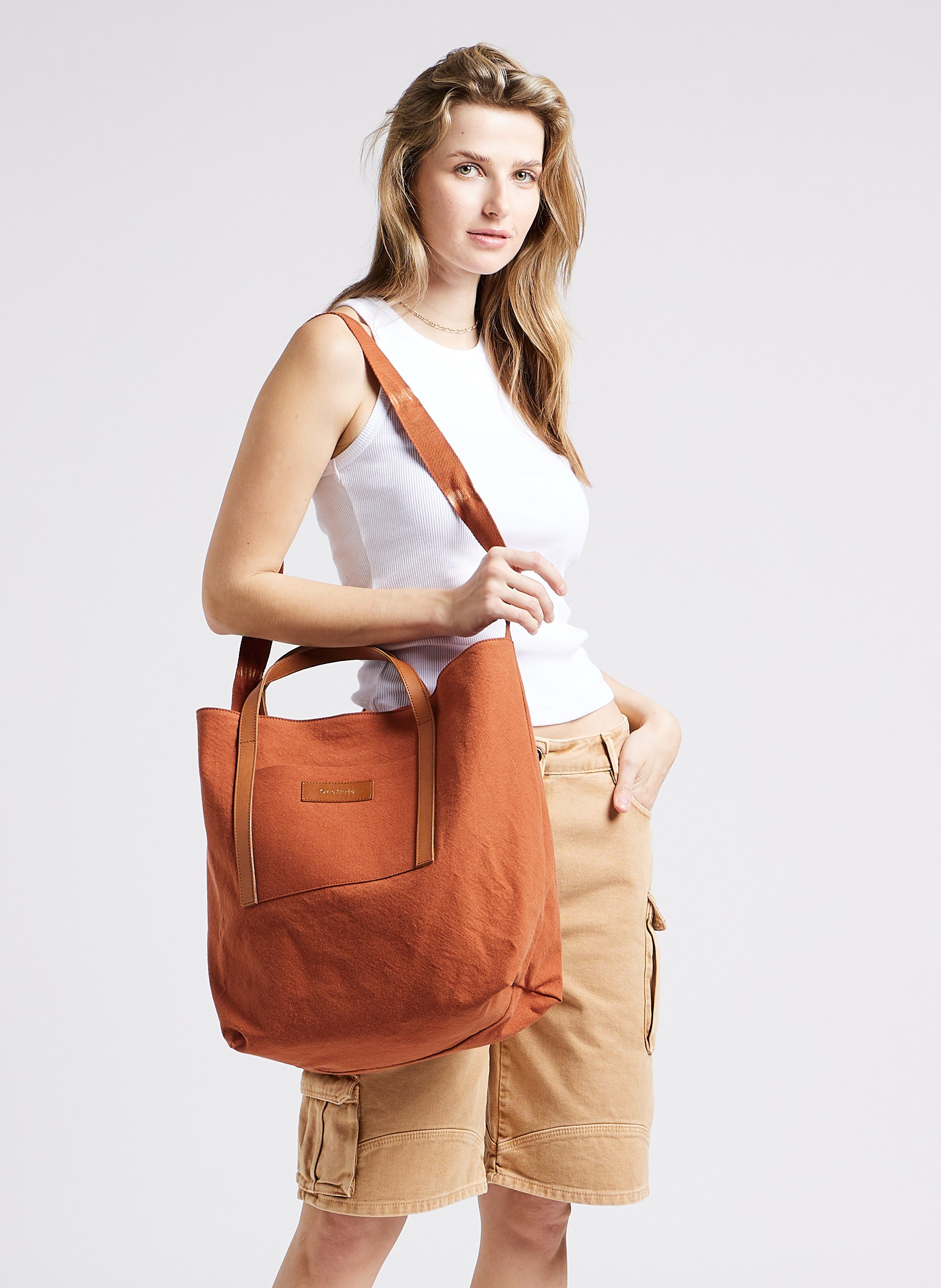 Leather and organic cotton Bi-material effect tote bag CRAIE STUDIO Orange