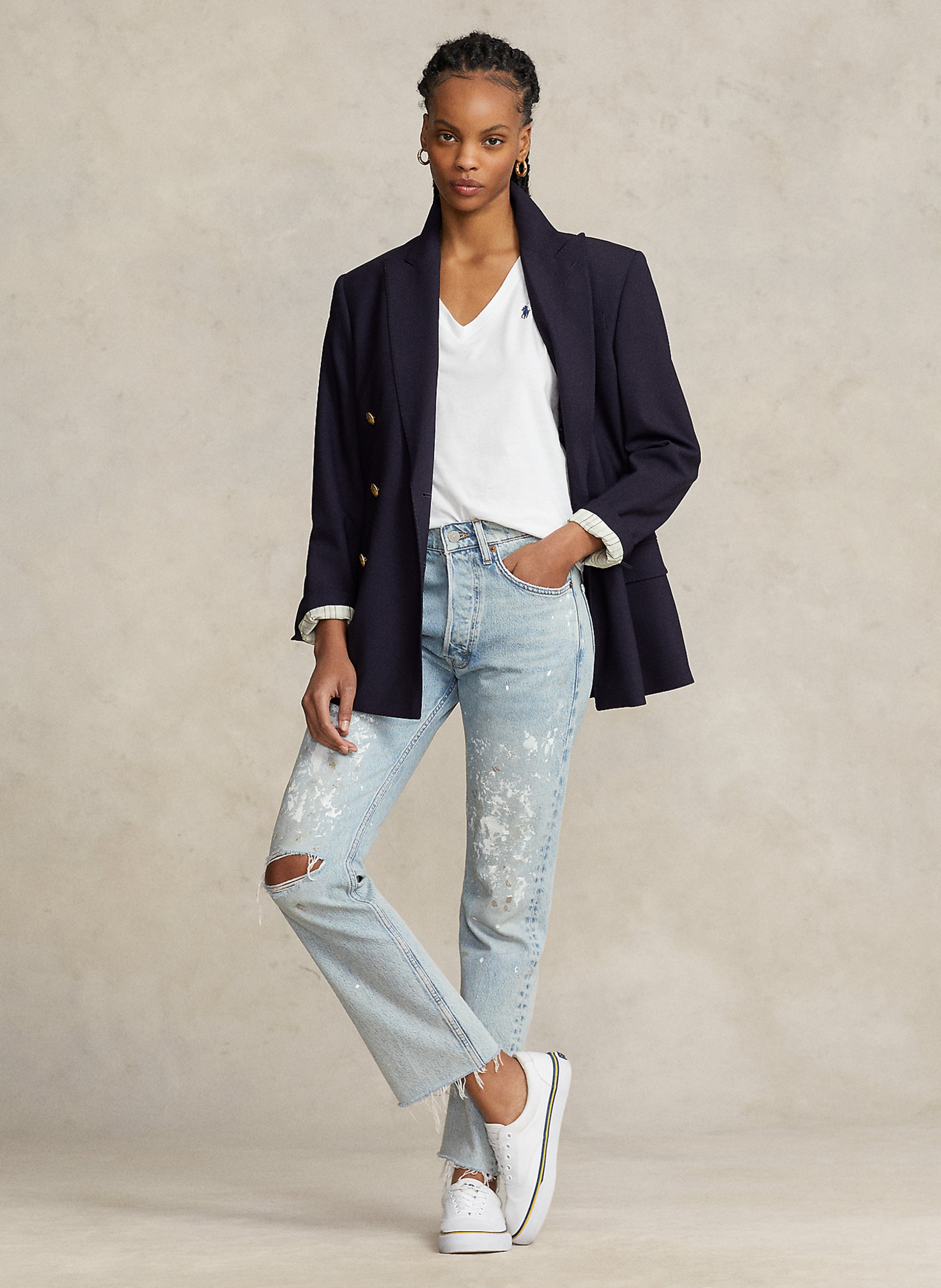 Tee-shirt col V brodé en coton POLO RALPH LAUREN Blanc