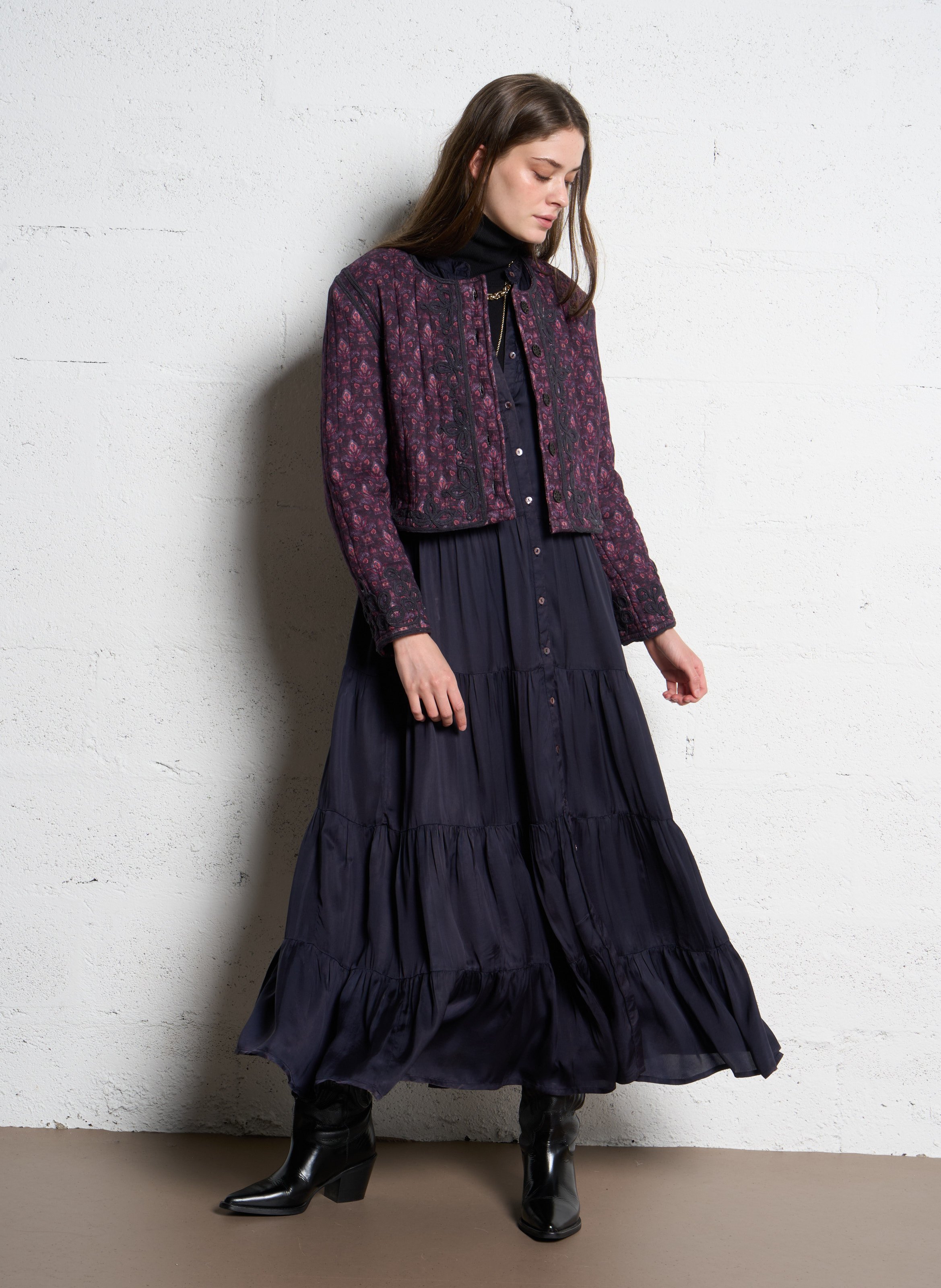 Robe longue col tunisien brodée en coton MAISON HOTEL Bleu