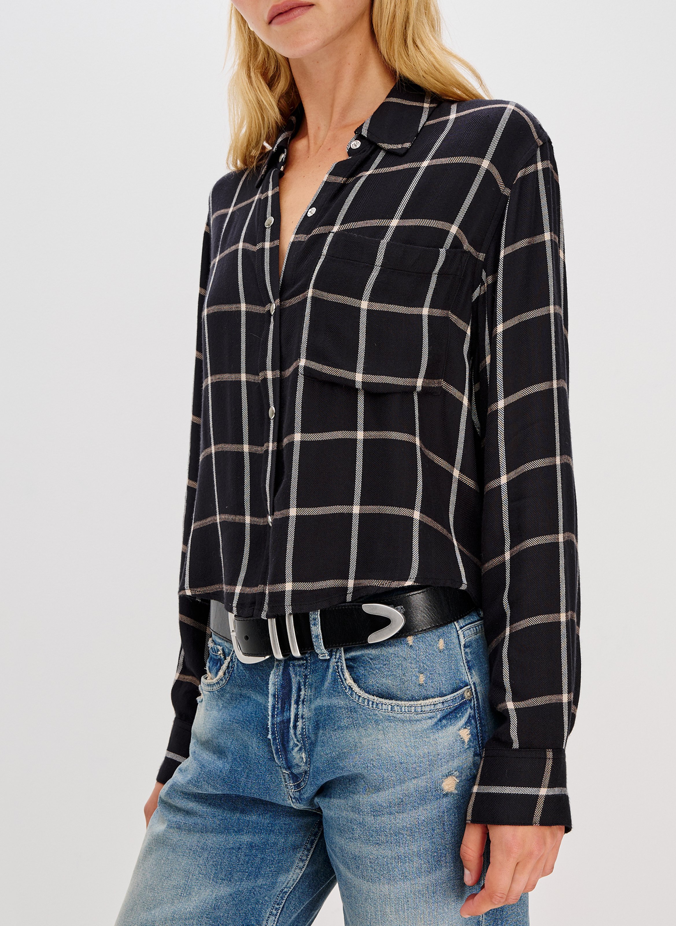 Chemise courte fluide à carreaux RAILS Noir