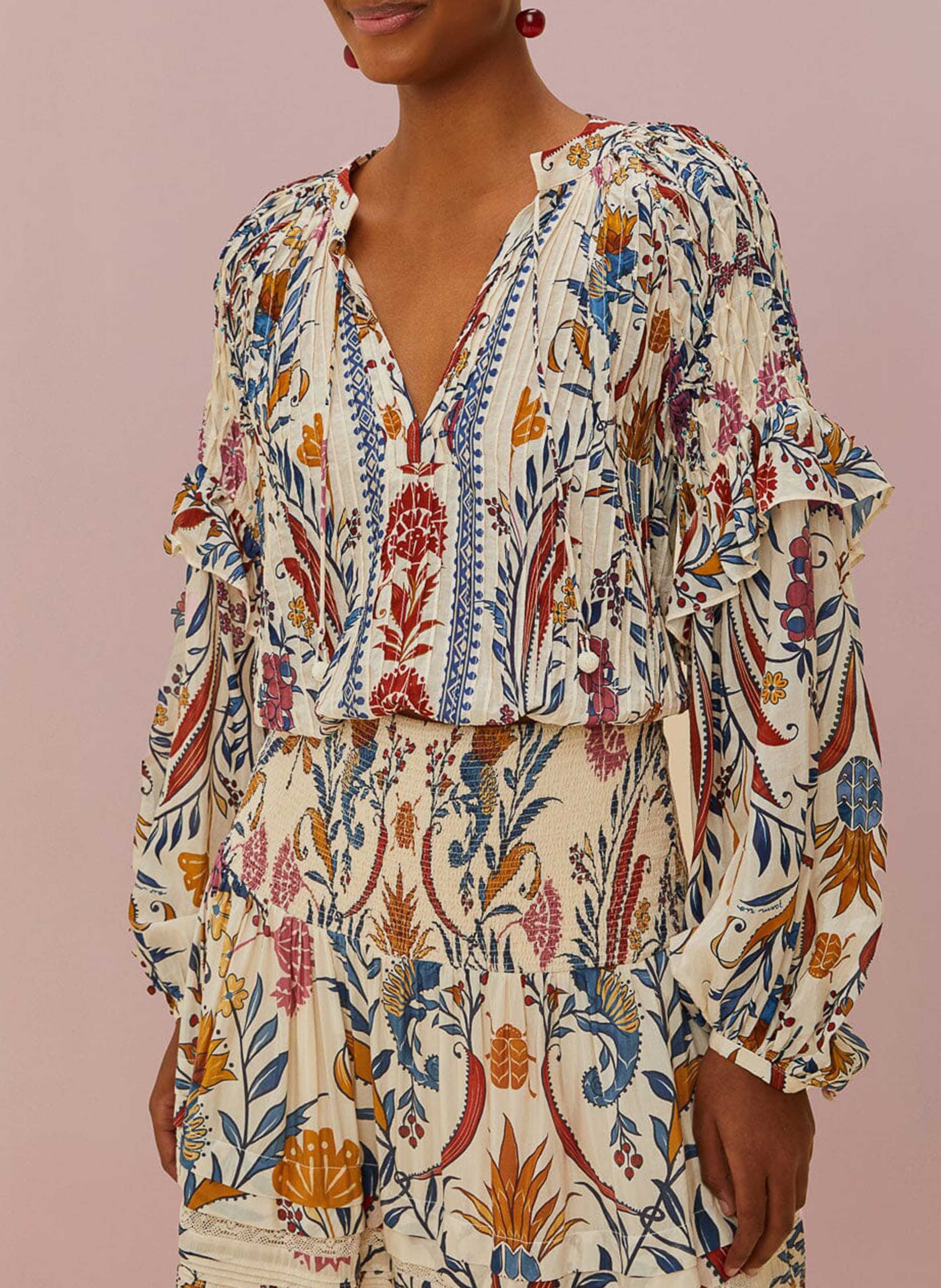 Printed tunic collar blouse in blended cotton FARM RIO Beige