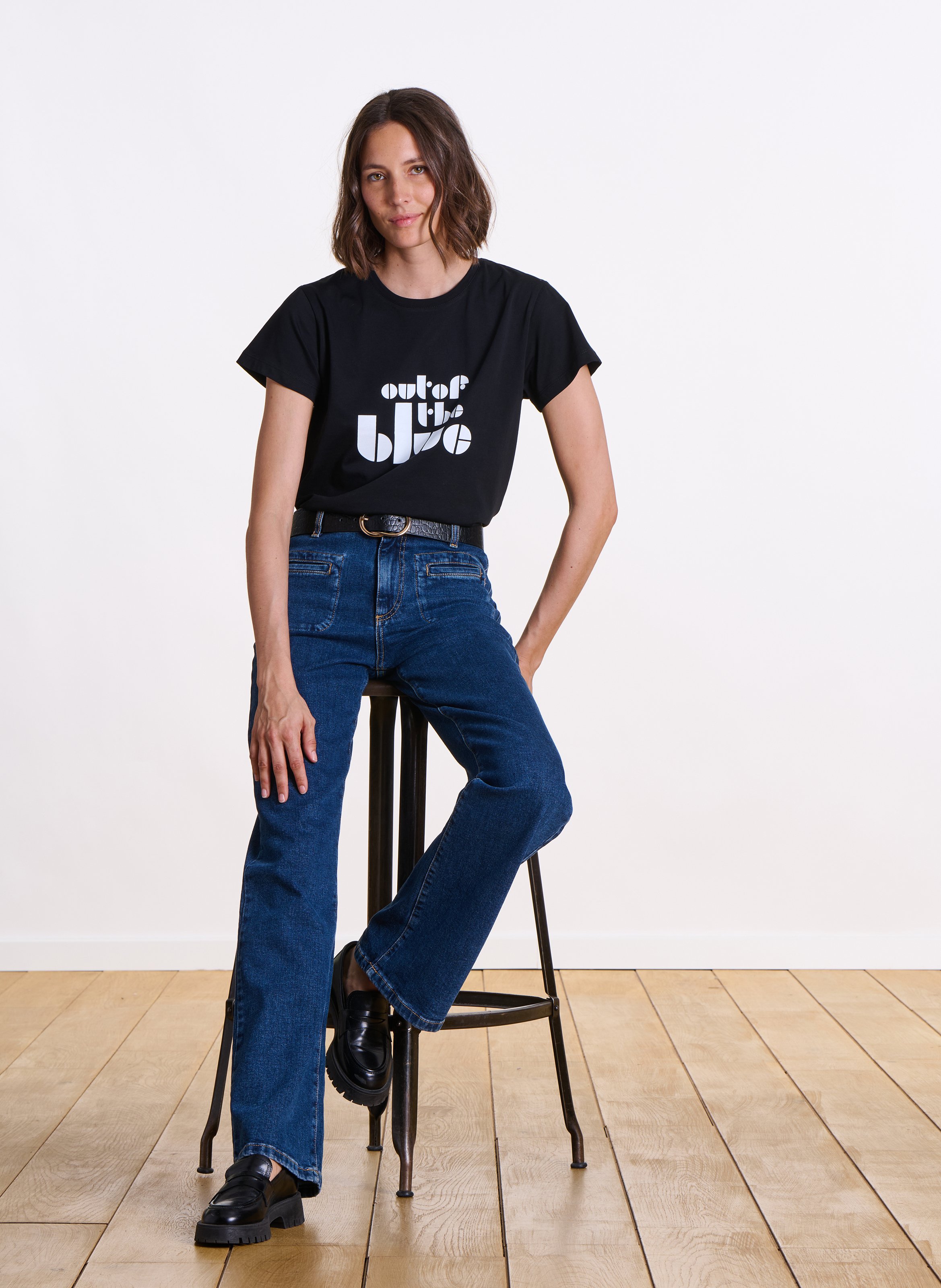 Recht T-shirt van biokatoen met ronde hals en zeefdruk LA FEE MARABOUTEE Zwart