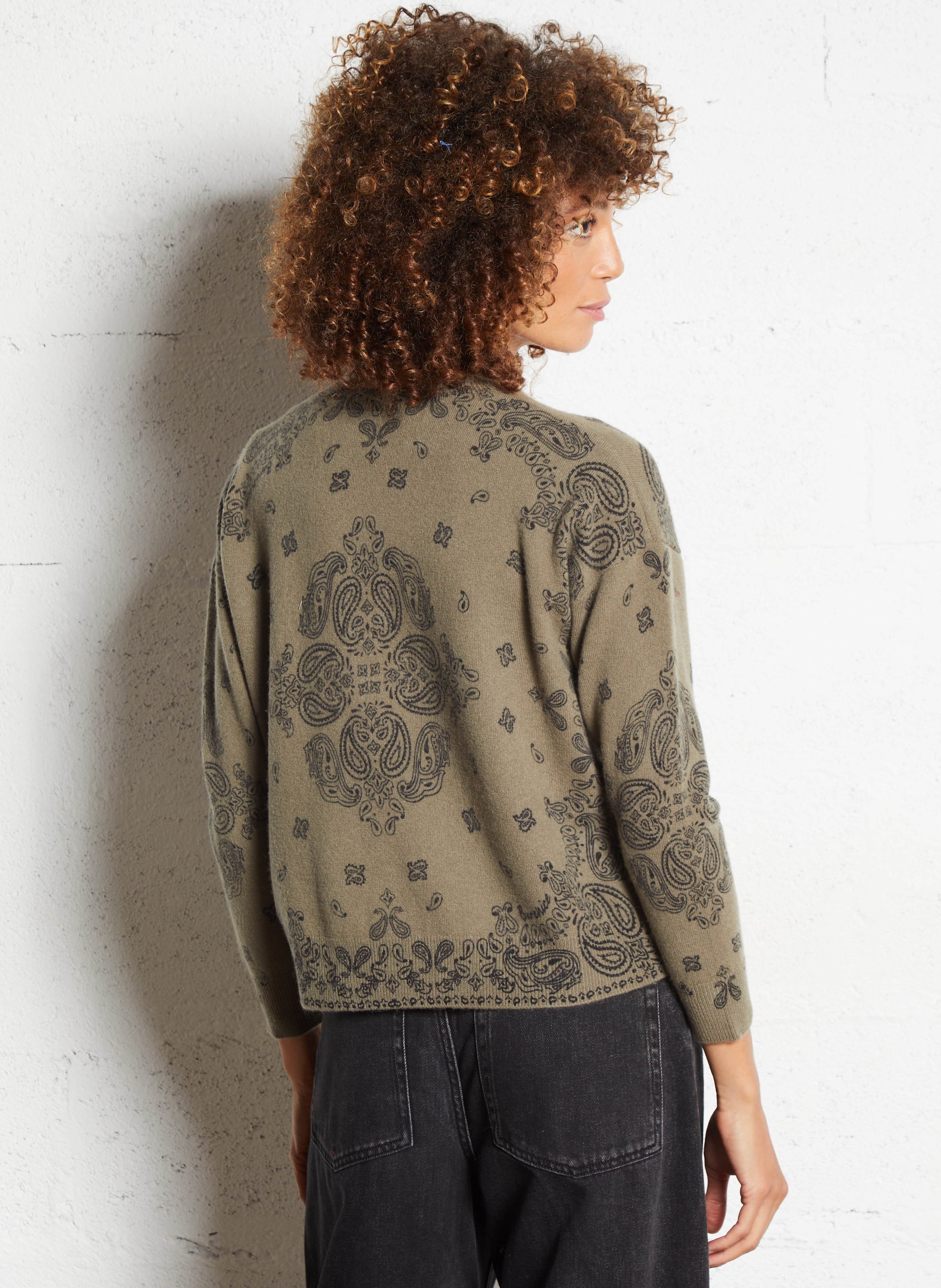 Weiter Jacquard-Rundhalspullover aus Wolle BERENICE Khaki