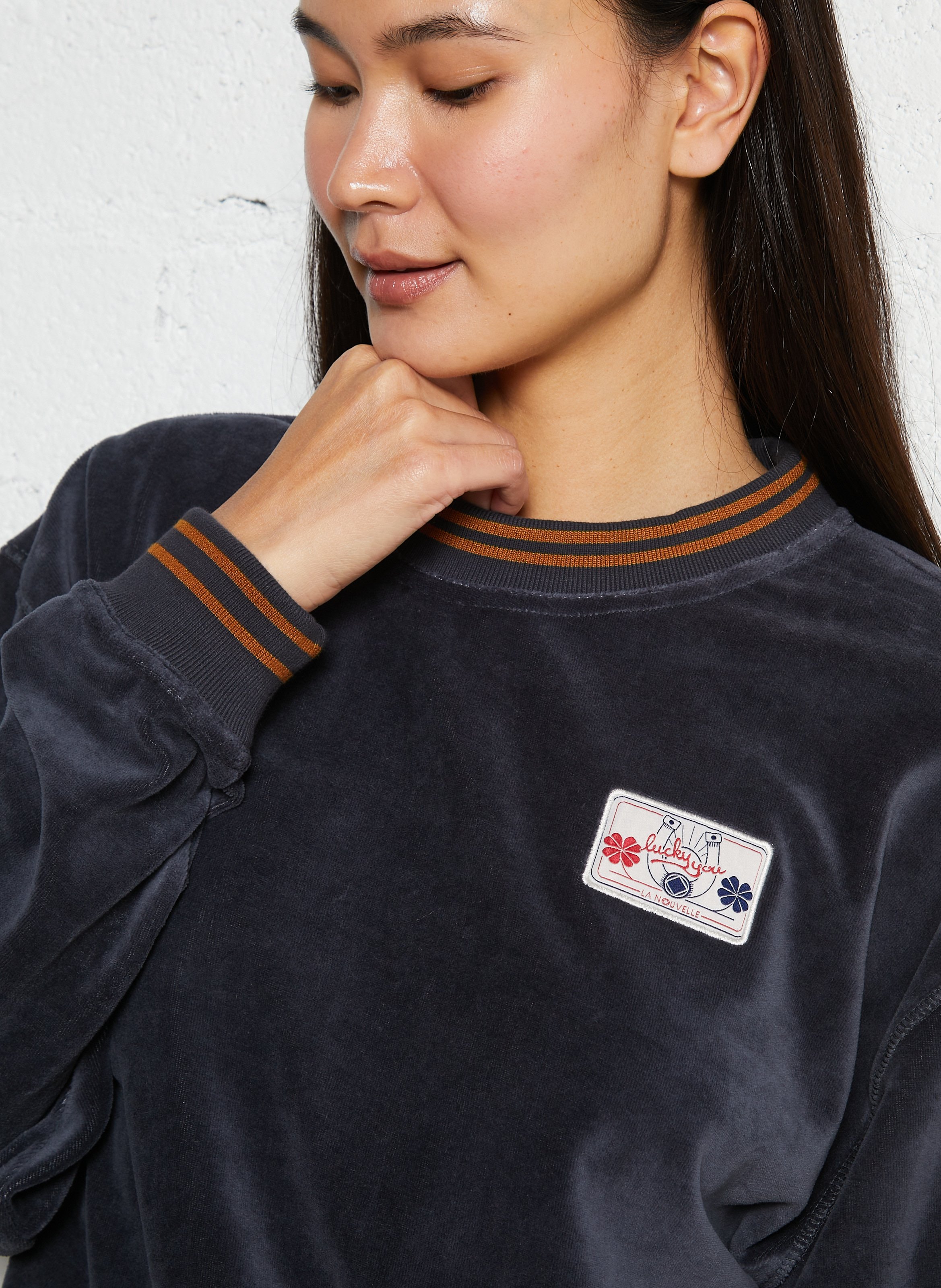 Sweat col rond en velours  LA NOUVELLE Gris