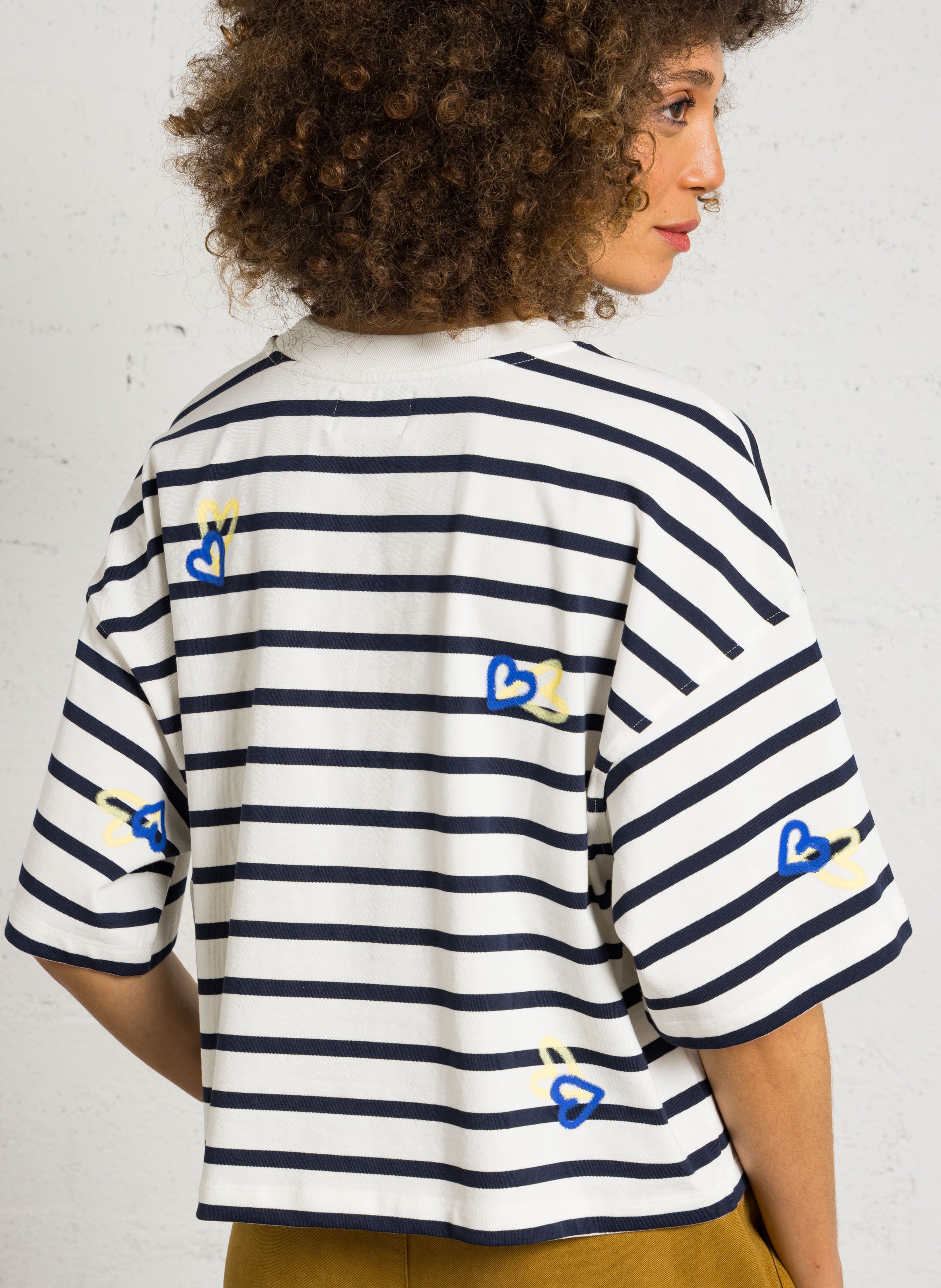 Tee-shirt ample rayé à motif cœur DES PETITS HAUTS Blanc