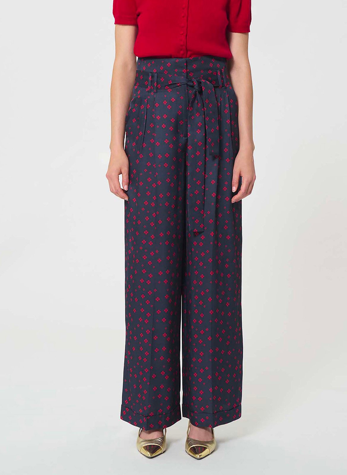 Pantalon taille haute ceinturé à motifs TARA JARMON Bleu