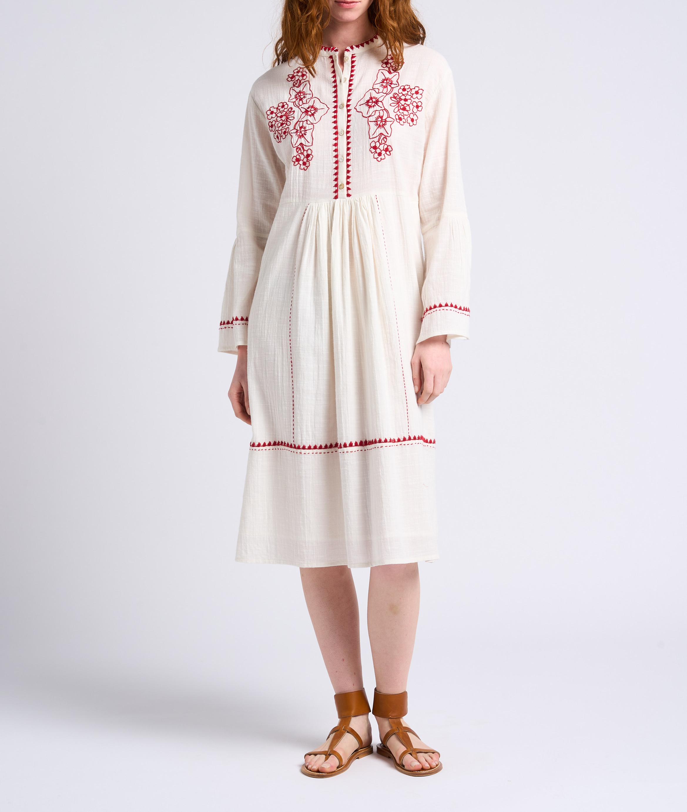 Robe midi ample brodée à col mao en coton ANTIK BATIK Blanc