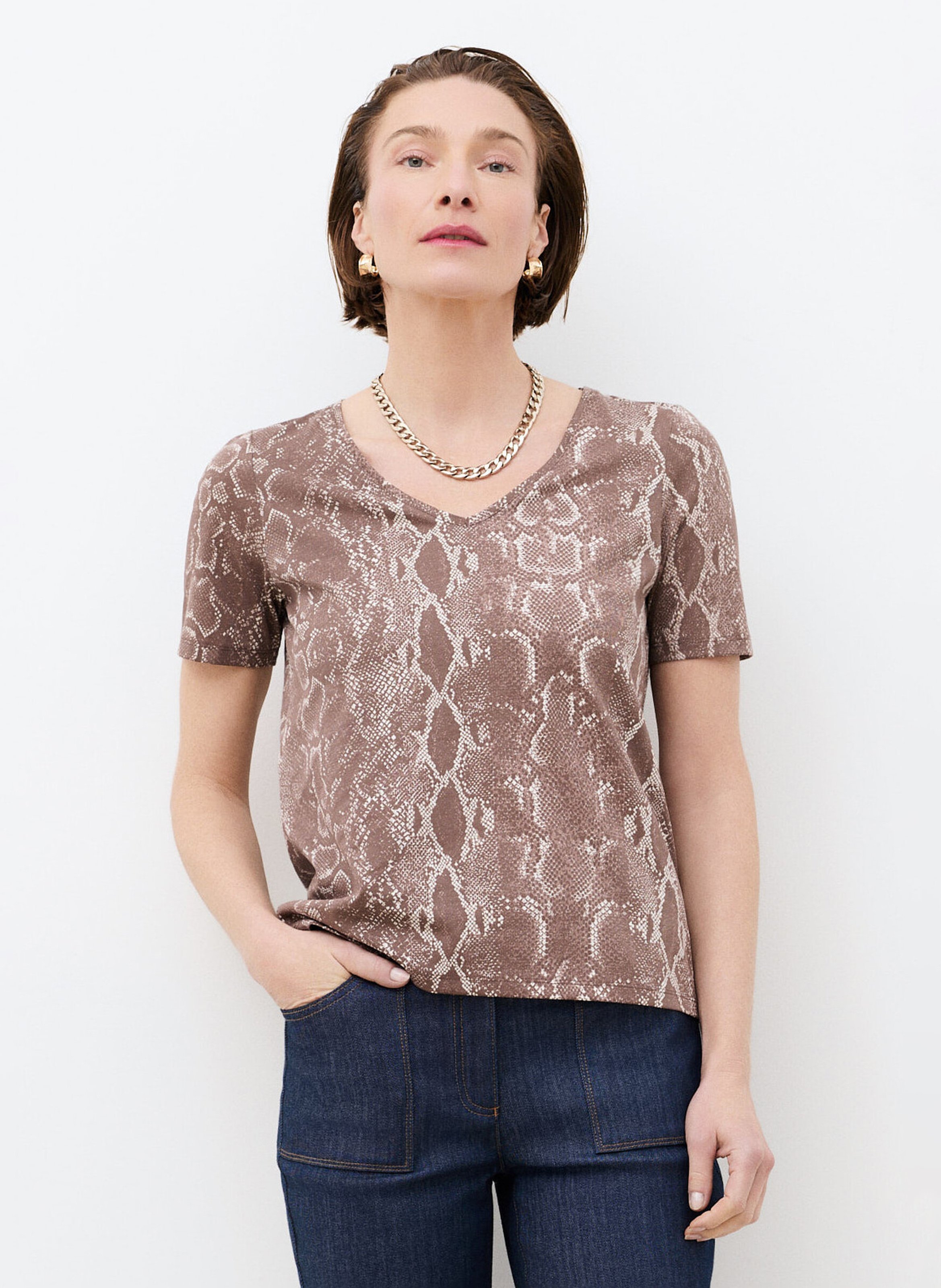 Tee-shirt col V droit imprimé CAROLL Marron