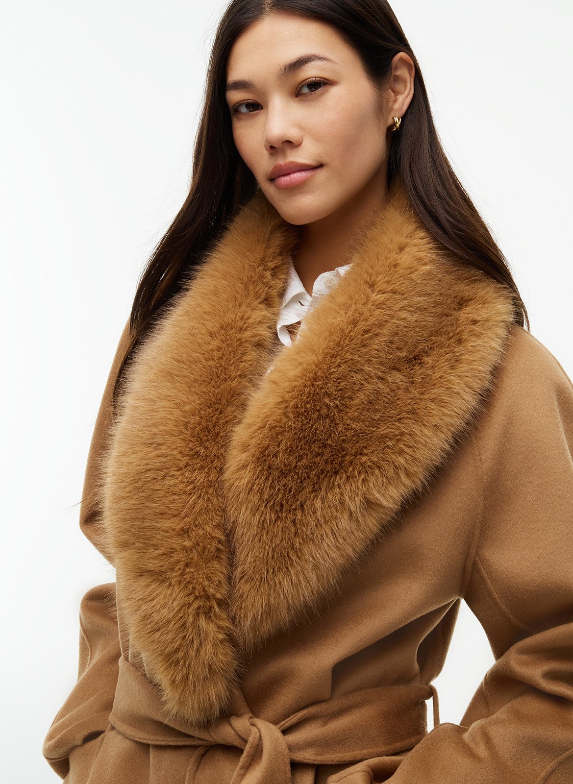 Straight coat with fur collar in mixed wool TOMMY HILFIGER Brown