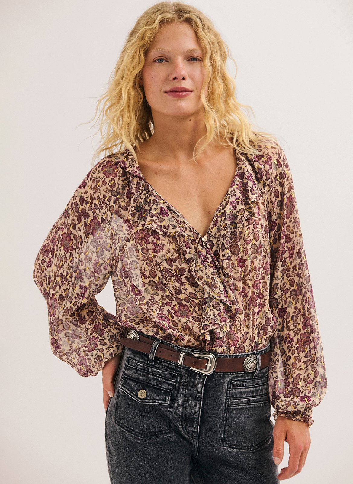 Straight-cut printed V-neck blouse PABLO Beige