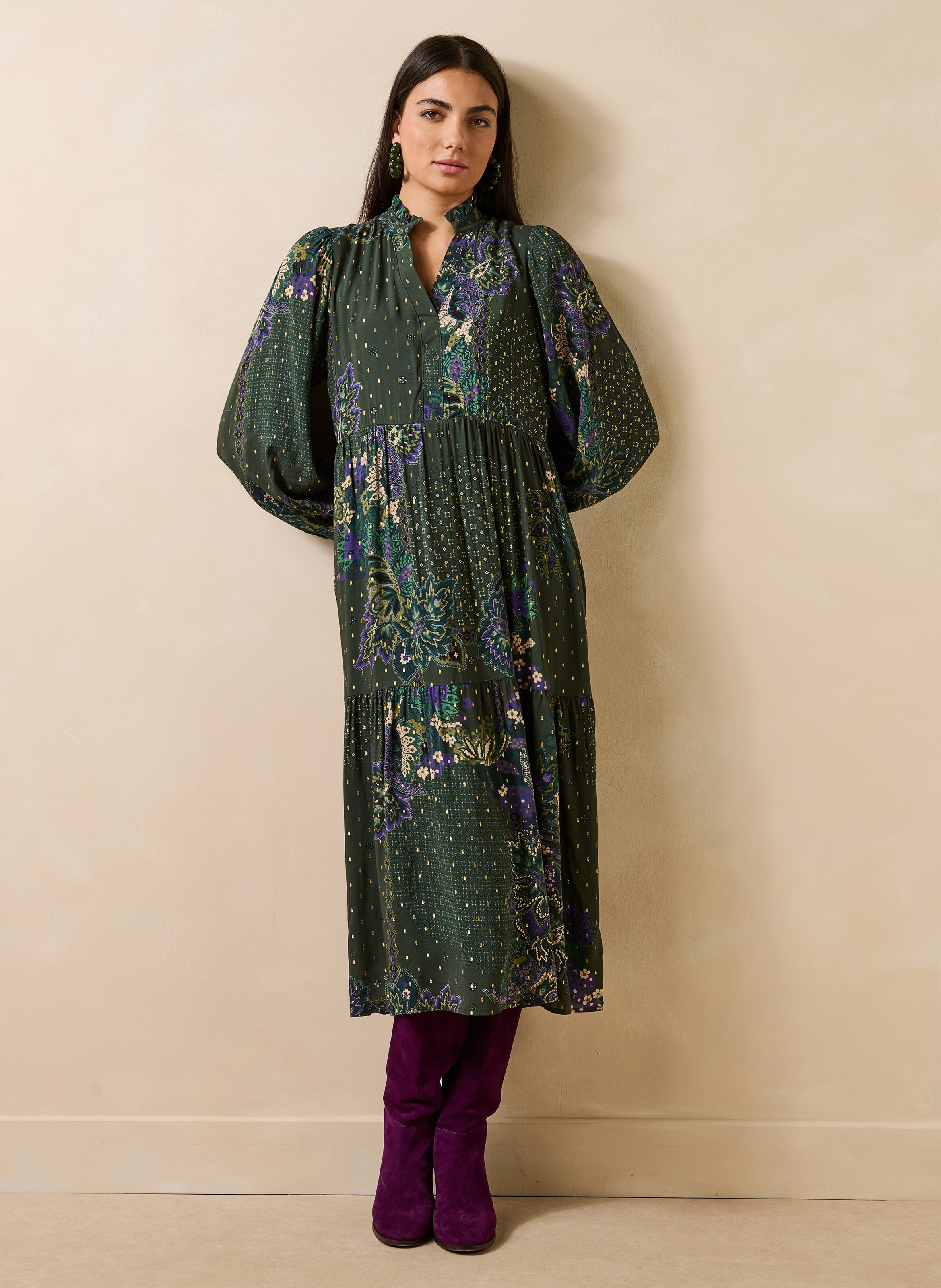 Loose dress with Tunisian collar in print LA FEE MARABOUTEE Green
