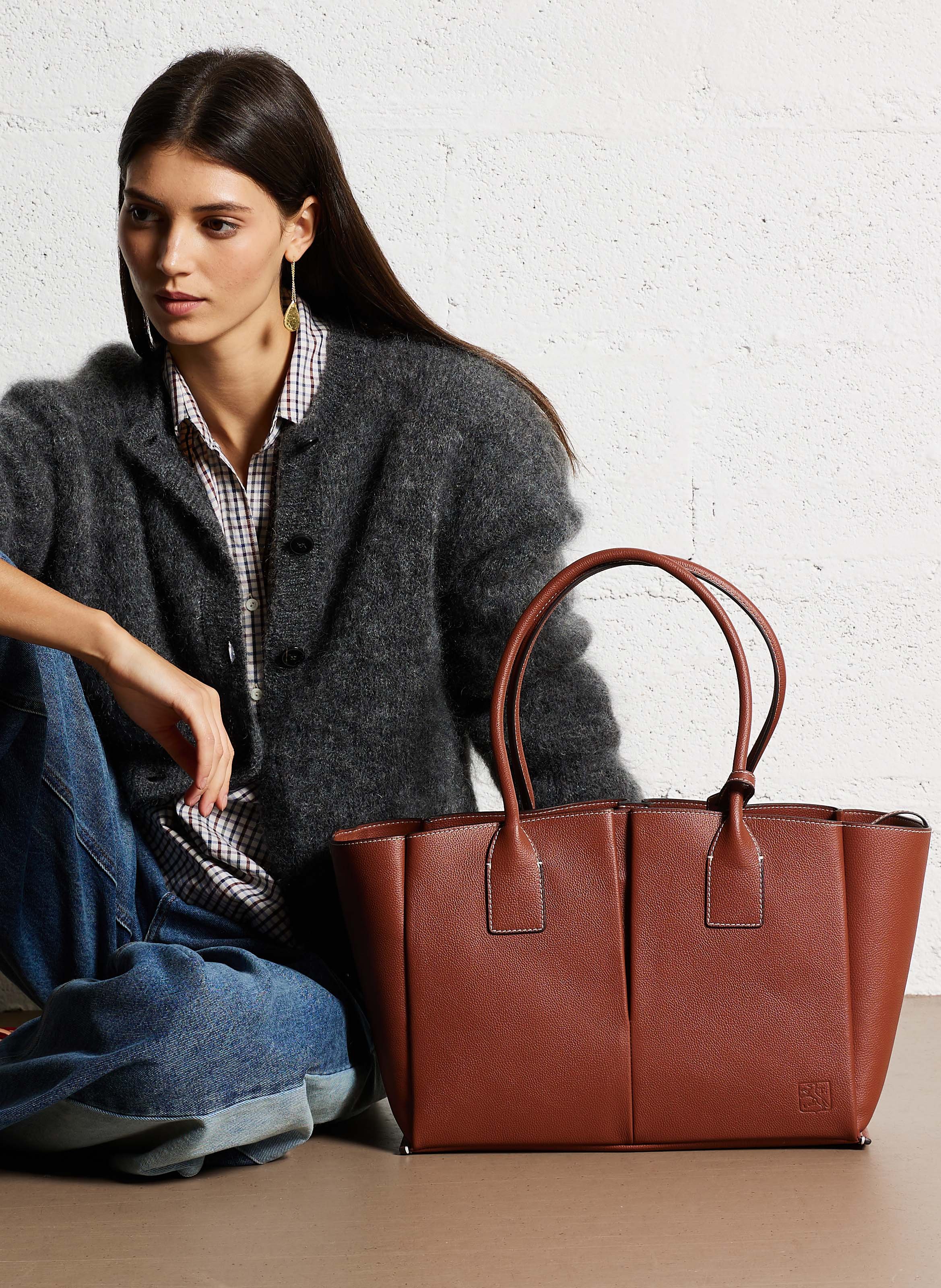 Grand cabas en cuir de vachette LE TANNEUR Marron