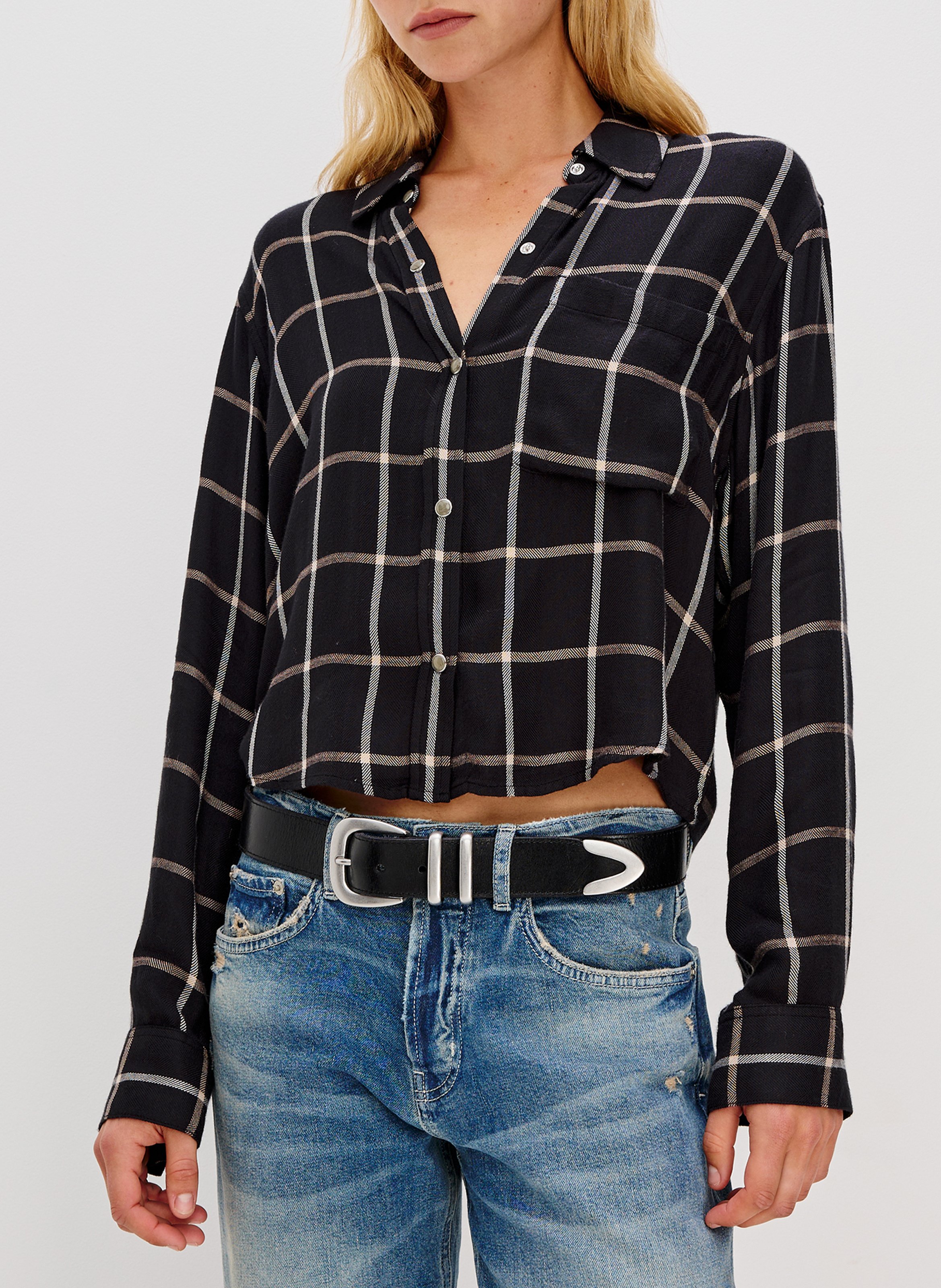 Chemise courte fluide à carreaux RAILS Noir