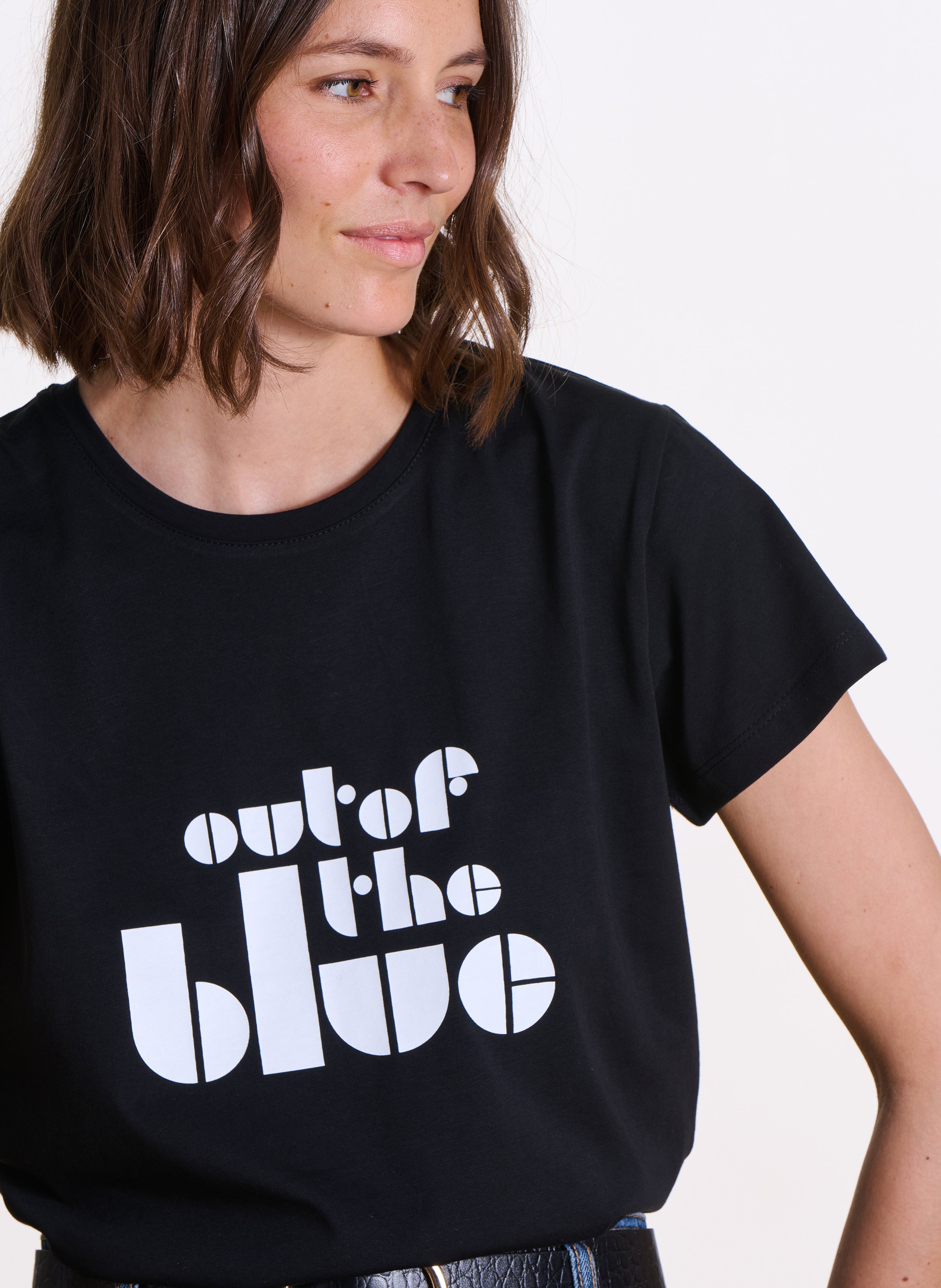 Recht T-shirt van biokatoen met ronde hals en zeefdruk LA FEE MARABOUTEE Zwart