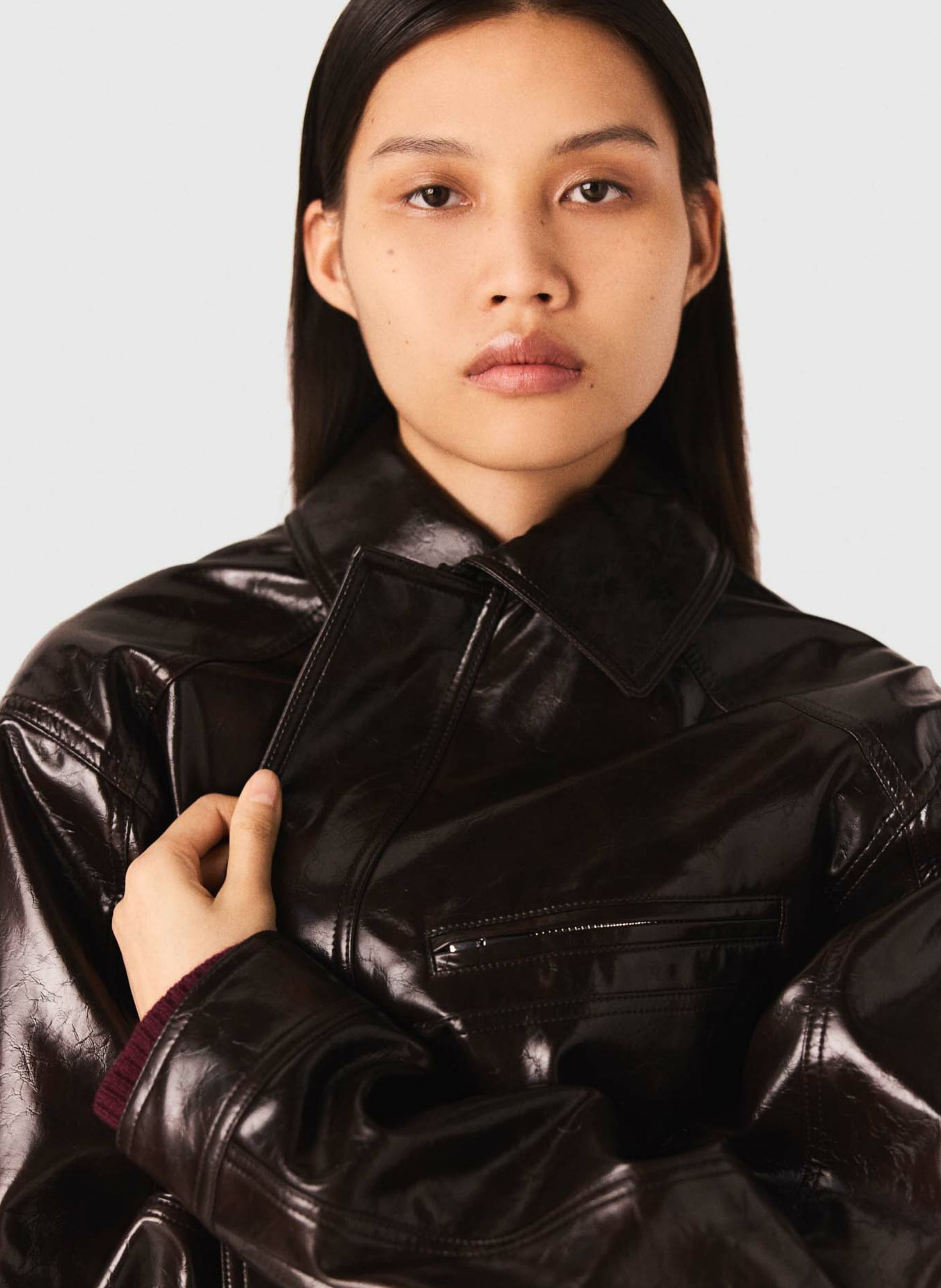 Straight patent leather jacket with cutouts MAJE Brown