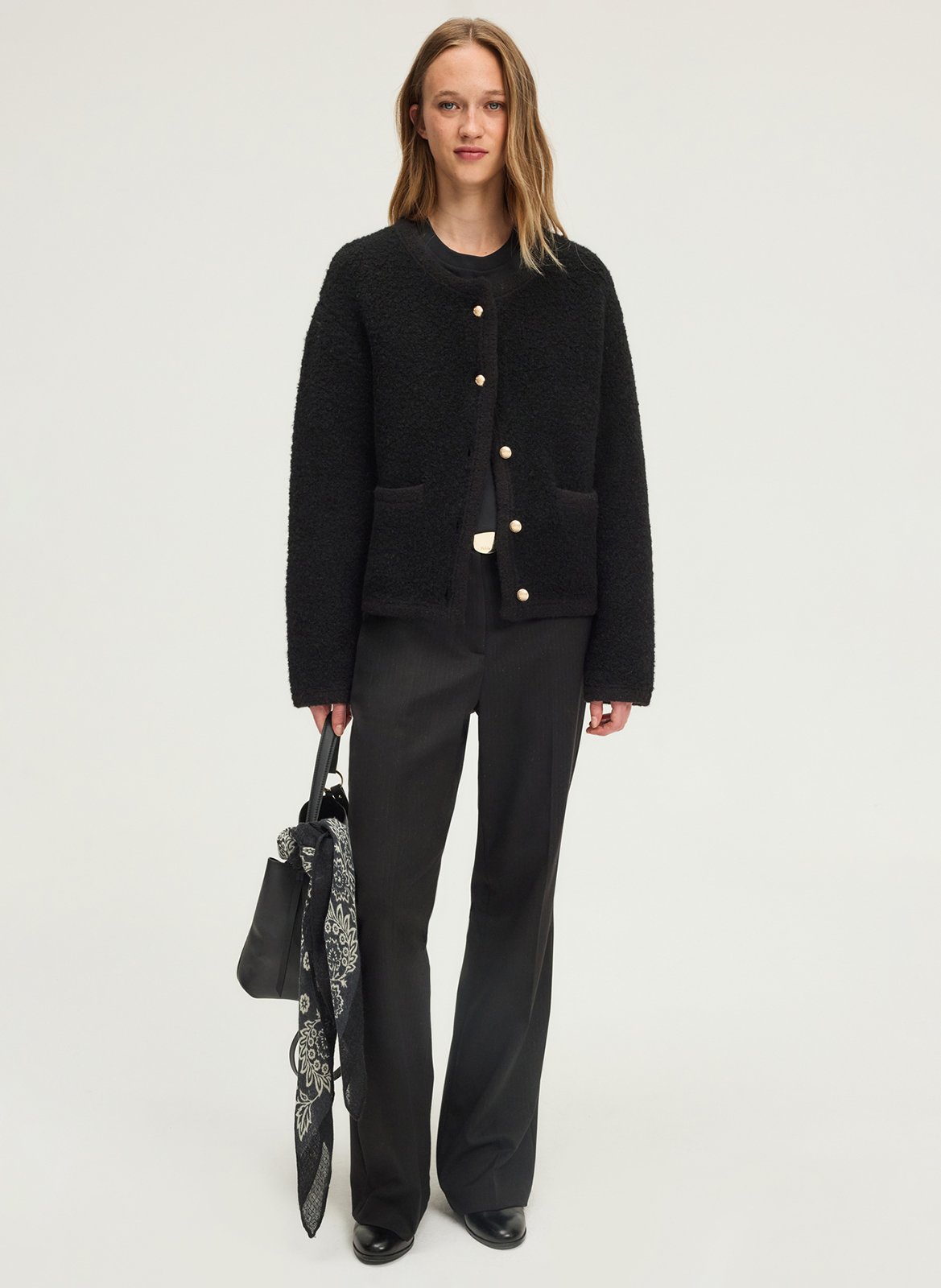 Straight round-neck mixed knit cardigan PABLO Black