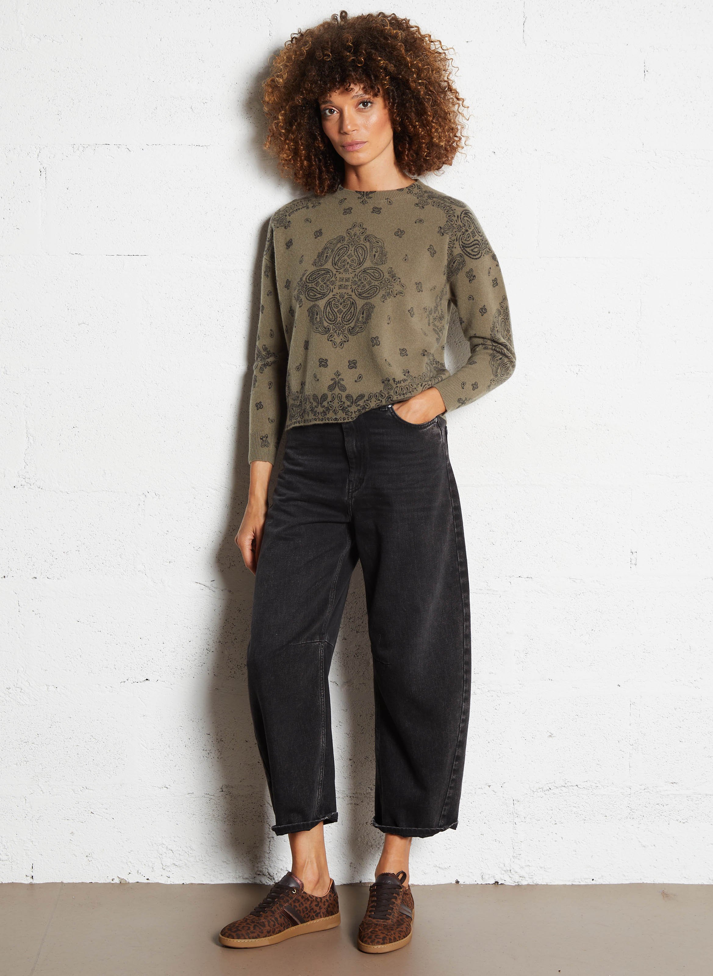 Weiter Jacquard-Rundhalspullover aus Wolle BERENICE Khaki