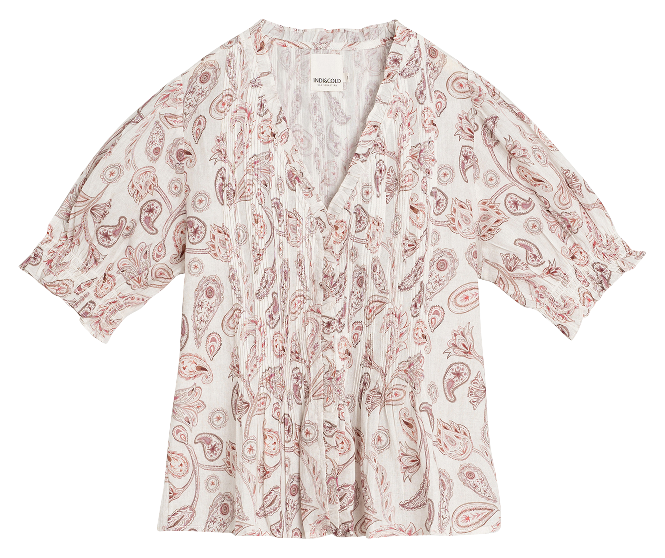 Blouse met V-hals en biologisch katoenen print INDI & COLD Roze