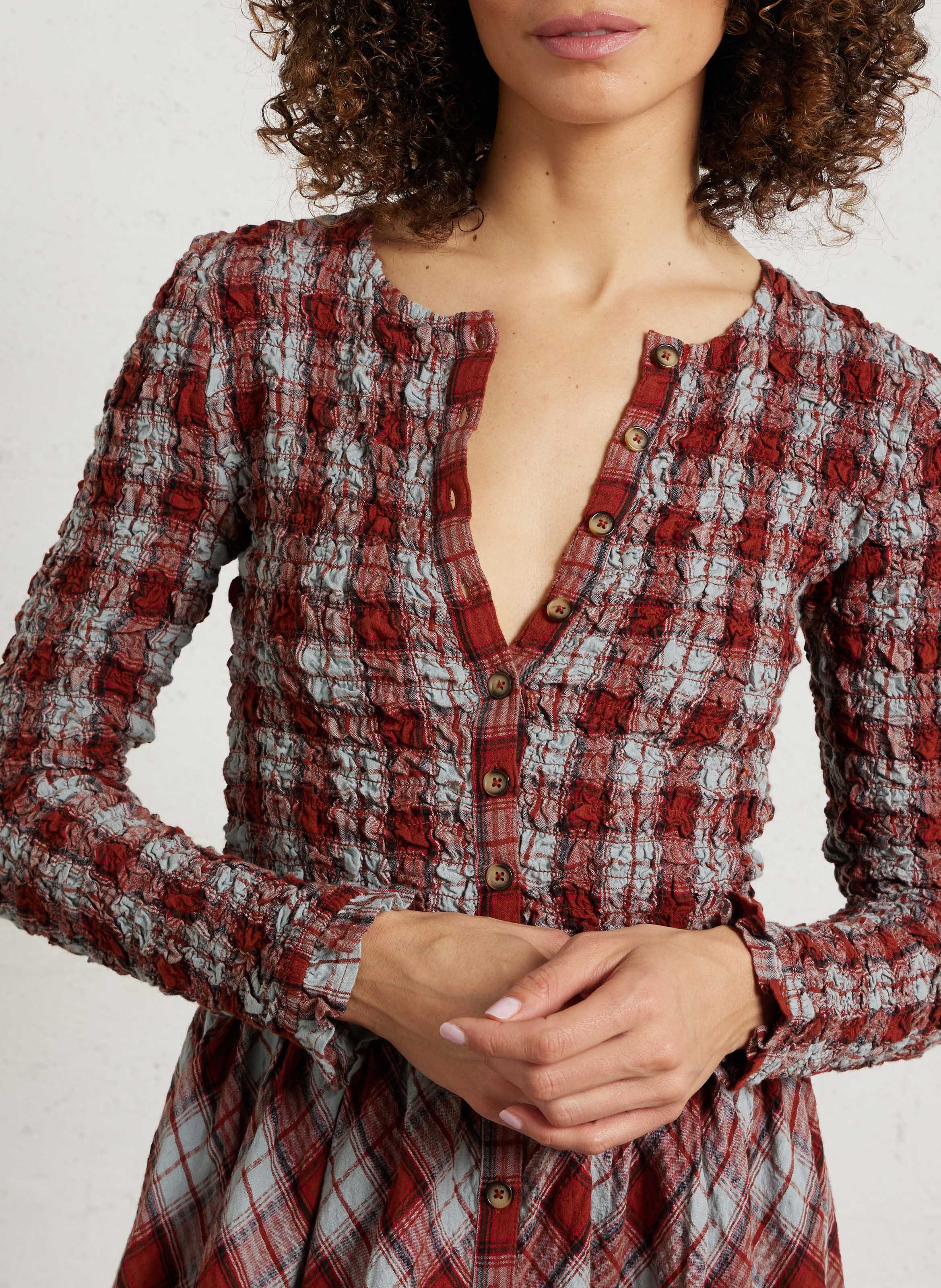 Robe midi col rond à carreaux en coton bio DAMSON MADDER Bleu