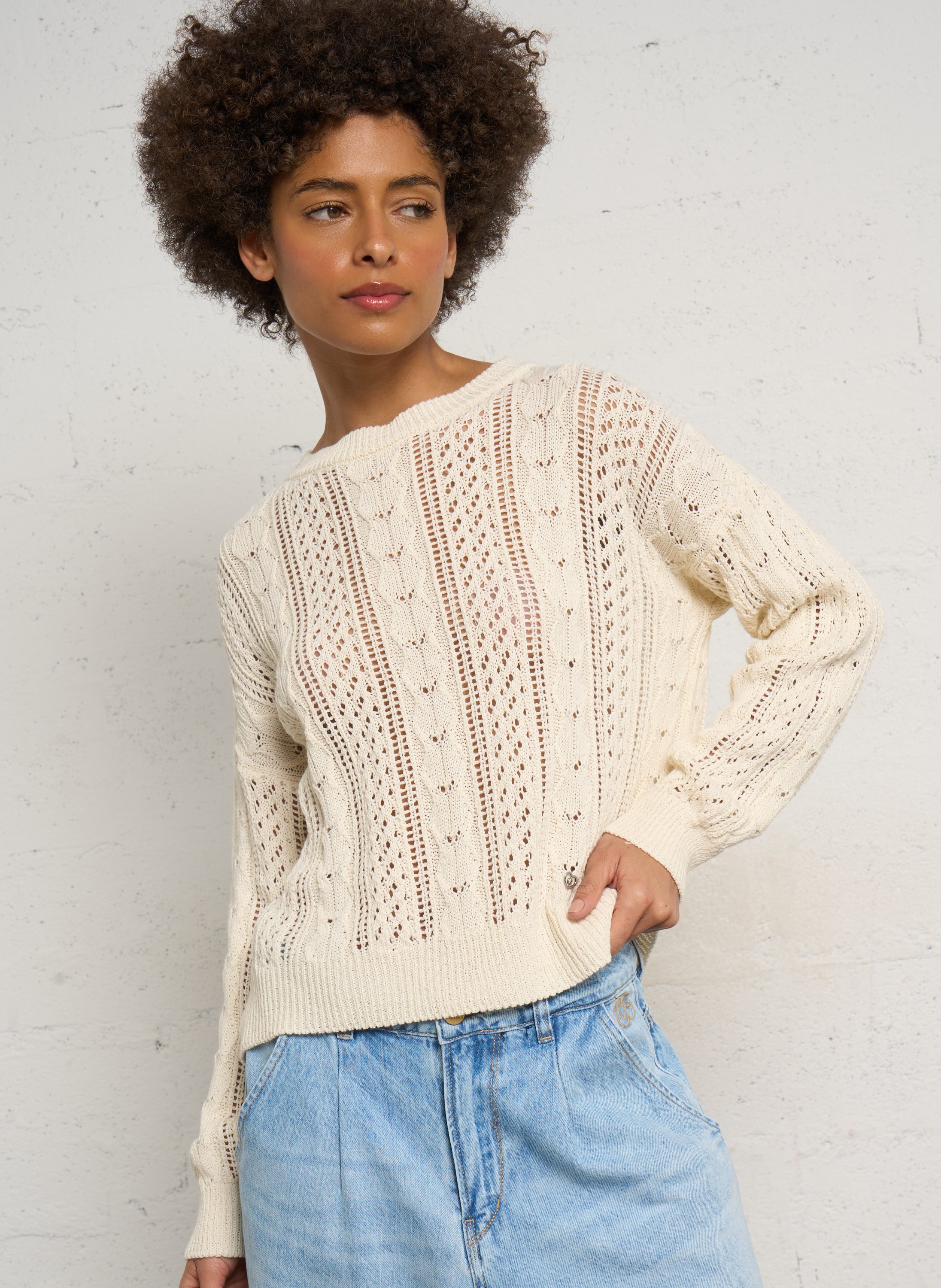 Gerade geschnittener Rundhalspullover aus Baumwoll-Mix PLEASE Weiss