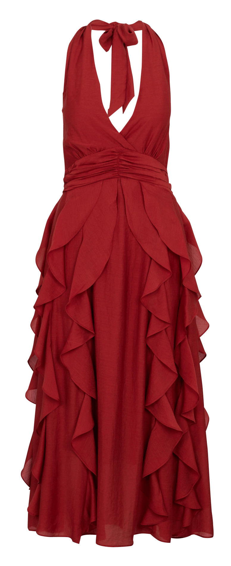 Lange jurk met ruches en open rug. THE KORNER Rood