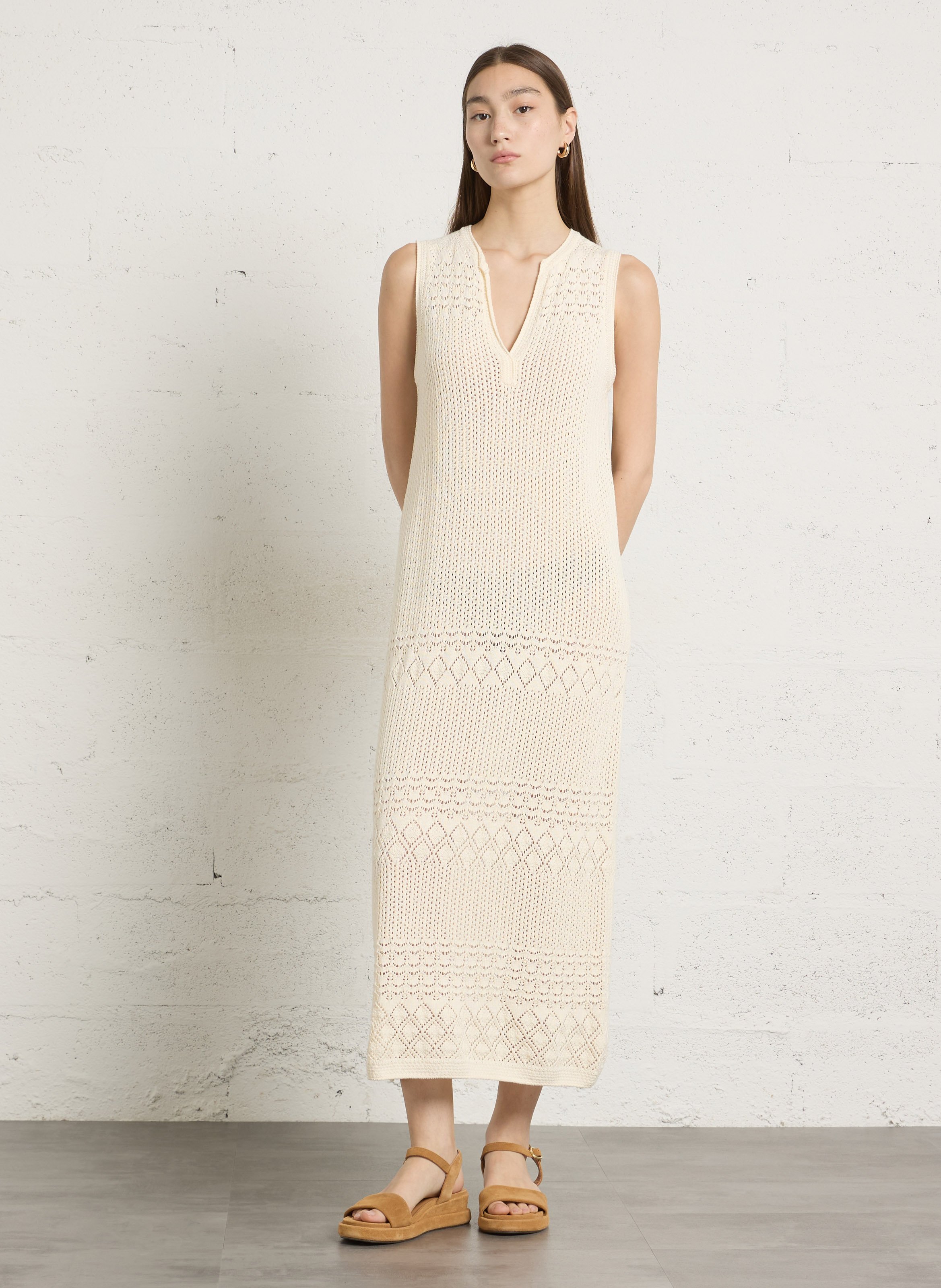 Long cotton V-neck dress SUD EXPRESS Beige