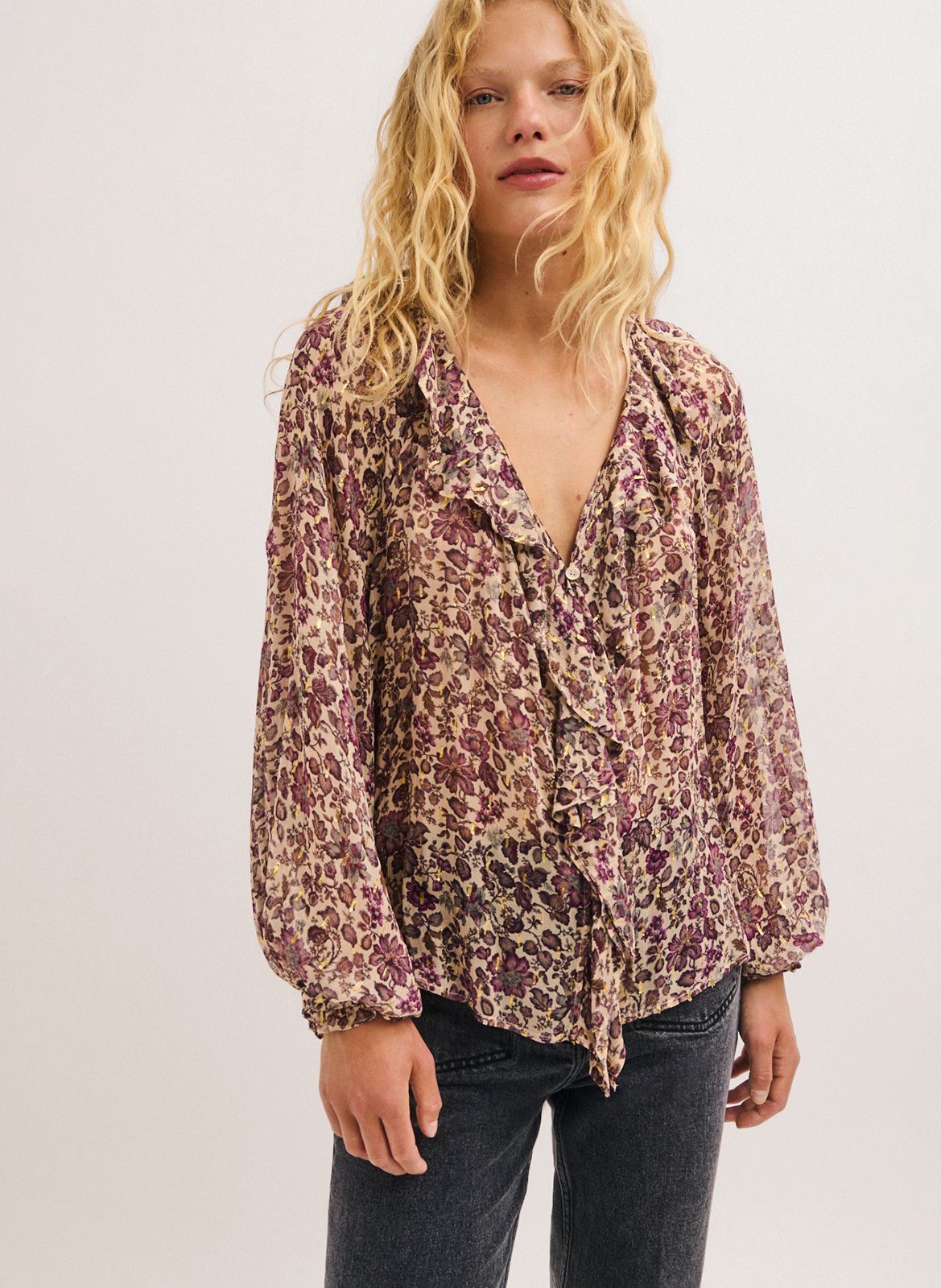 Straight-cut printed V-neck blouse PABLO Beige