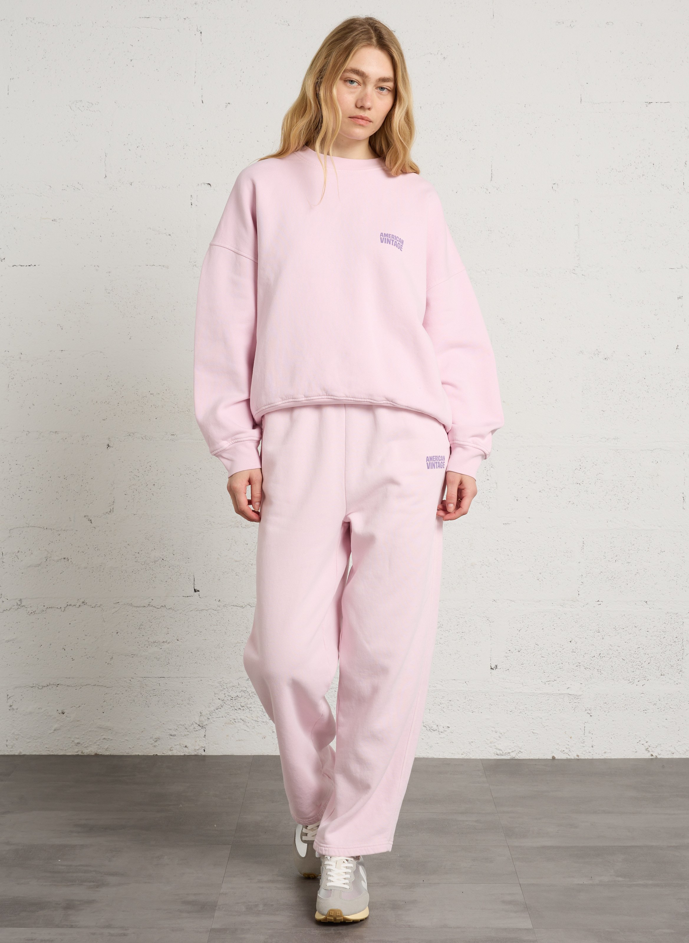 Wijde sweater van katoen met ronde hals en zeefdruk AMERICAN VINTAGE Roze