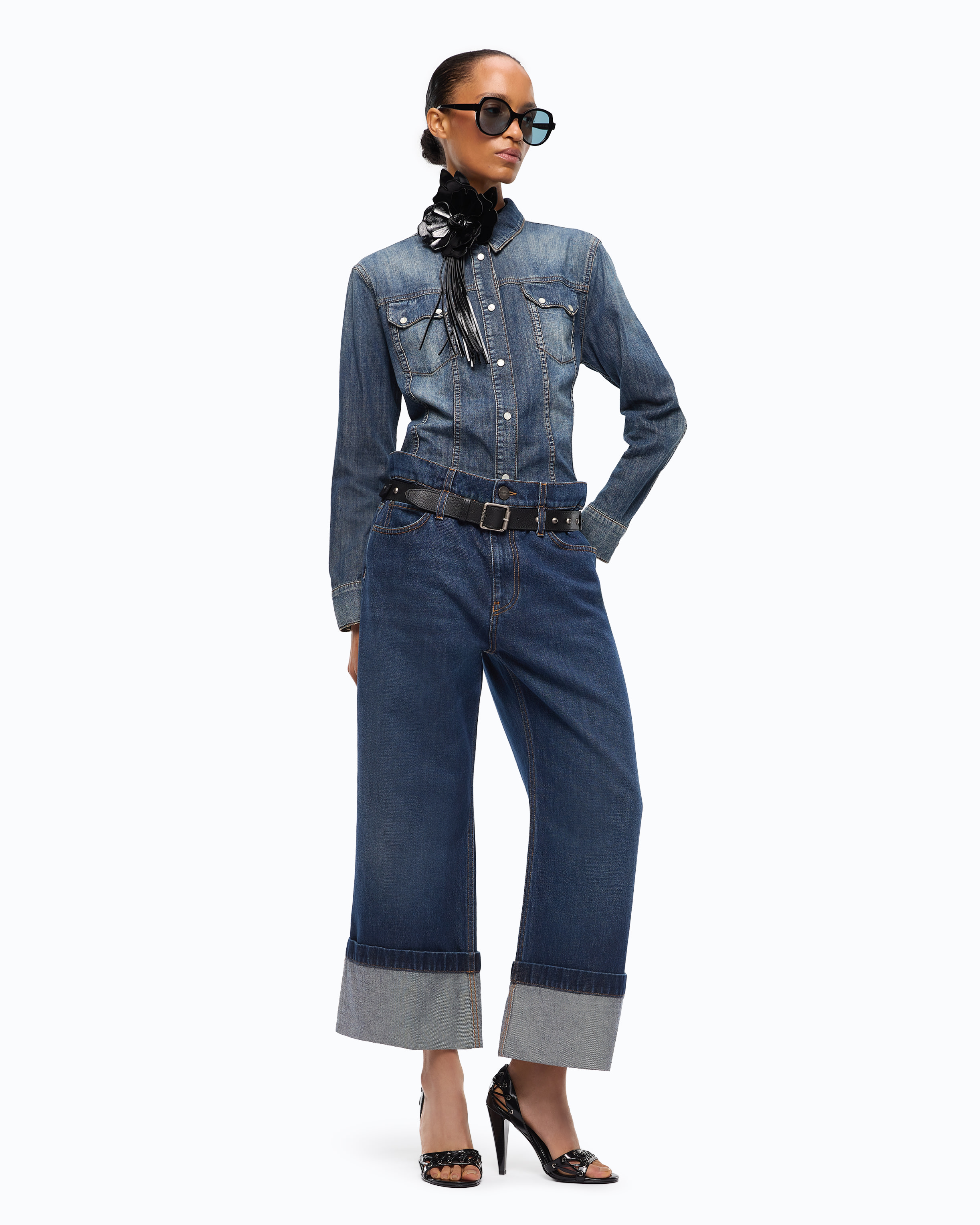 Jean cropped avec ceinture en cuir PINKO Bleu