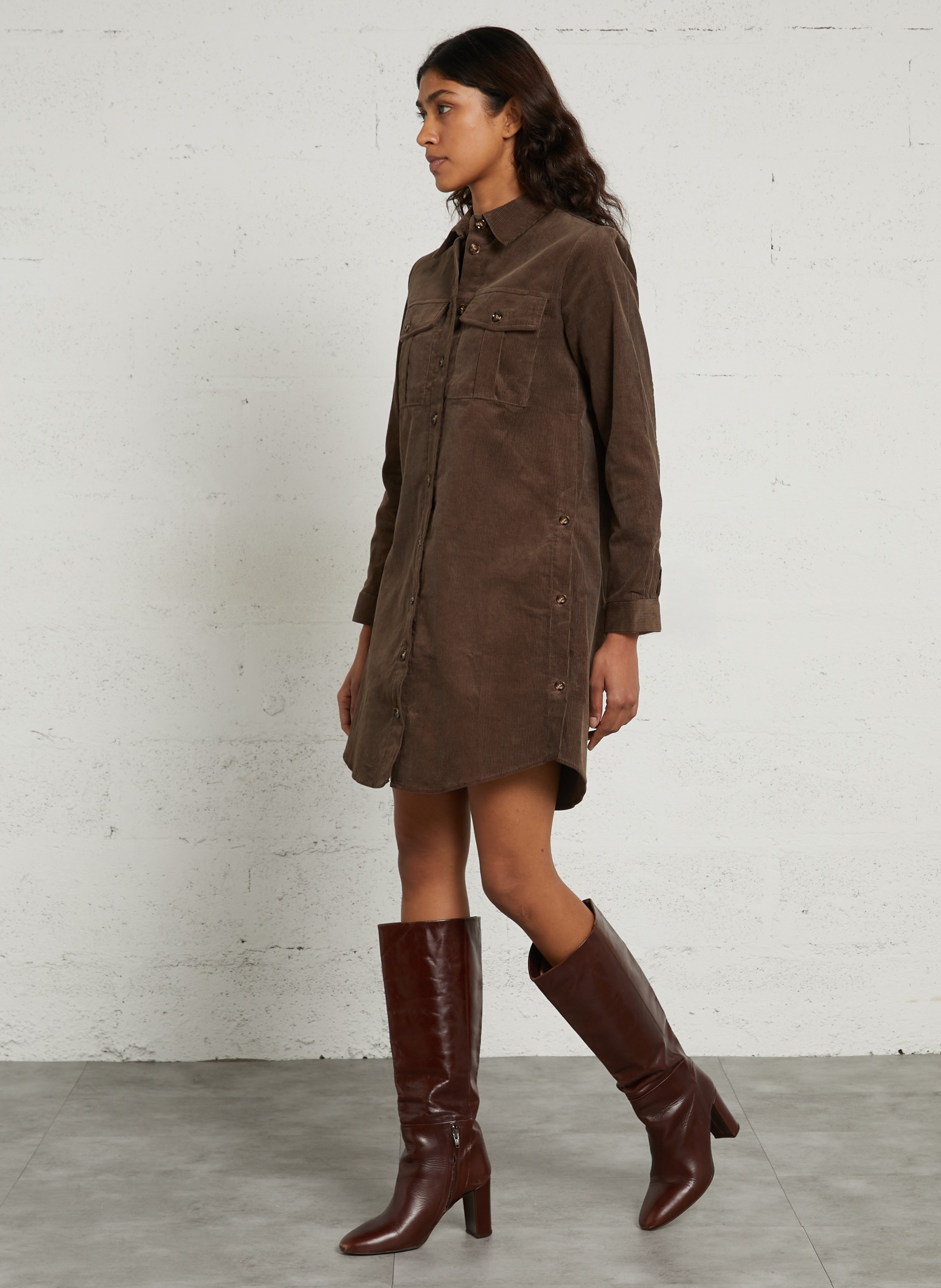 Robe courte droite côtelé en coton LA PETITE ETOILE Marron