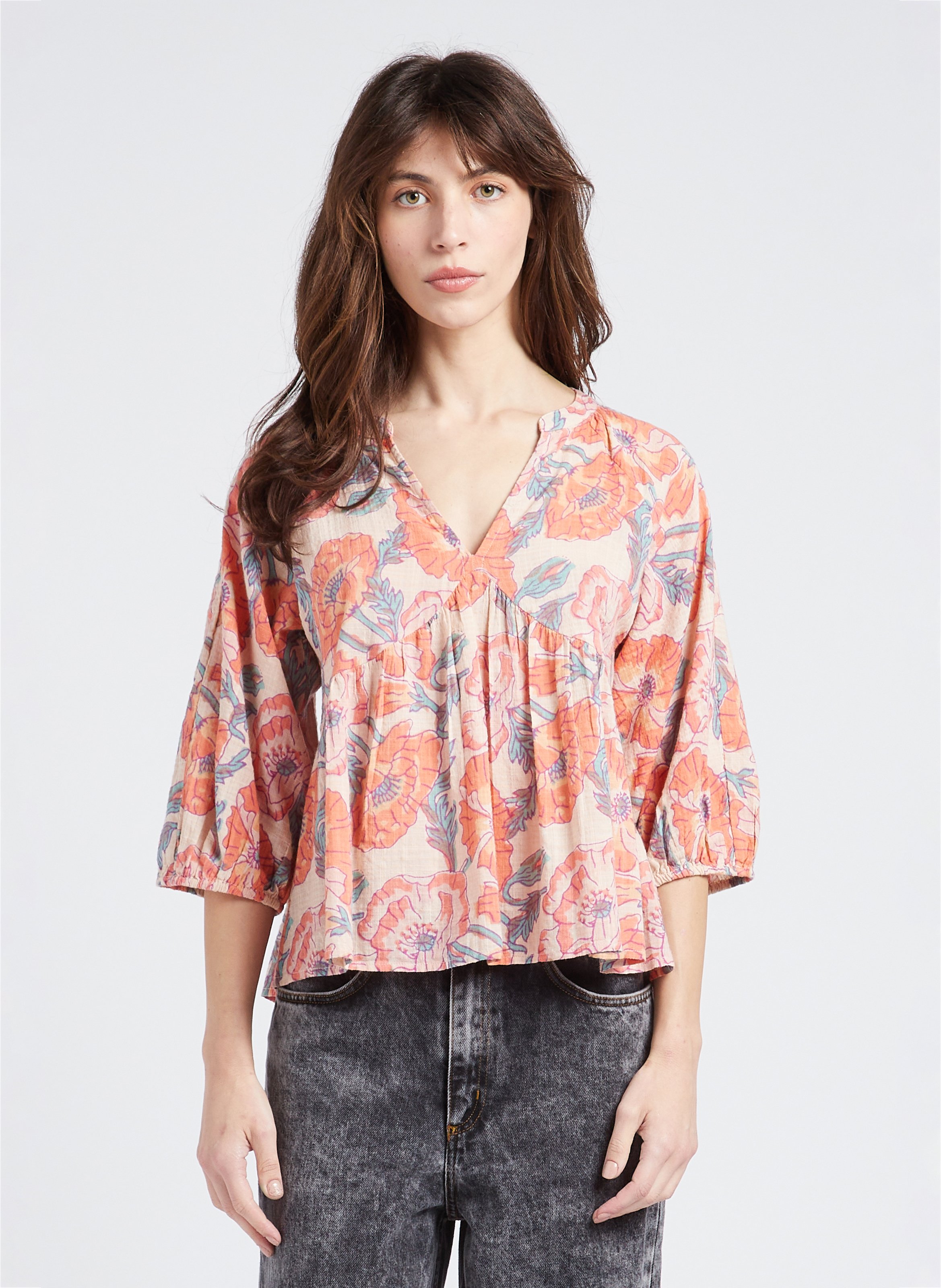 Loose-fit cotton-blend V-neck blouse SWILDENS White