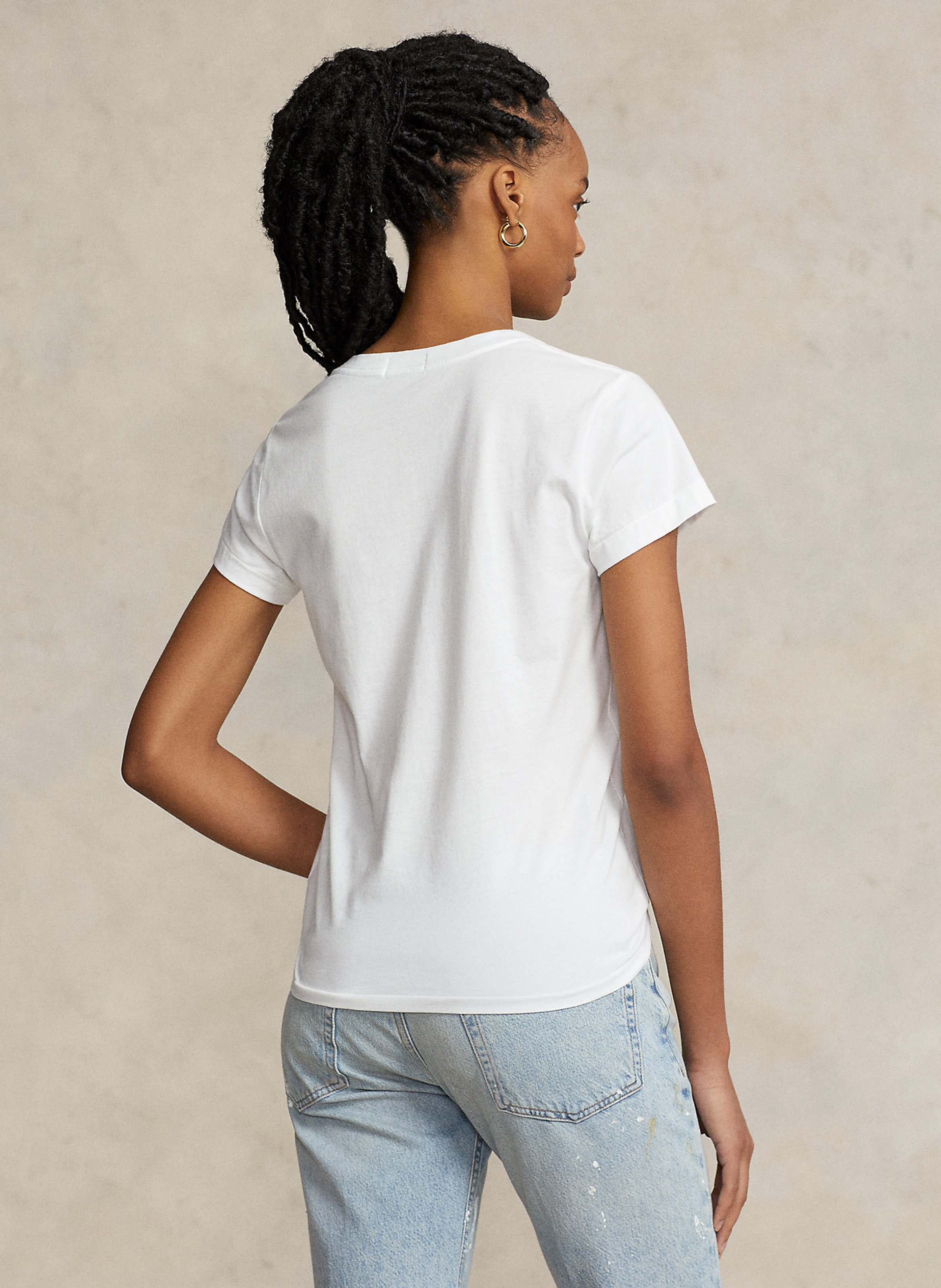 Tee-shirt col V brodé en coton POLO RALPH LAUREN Blanc