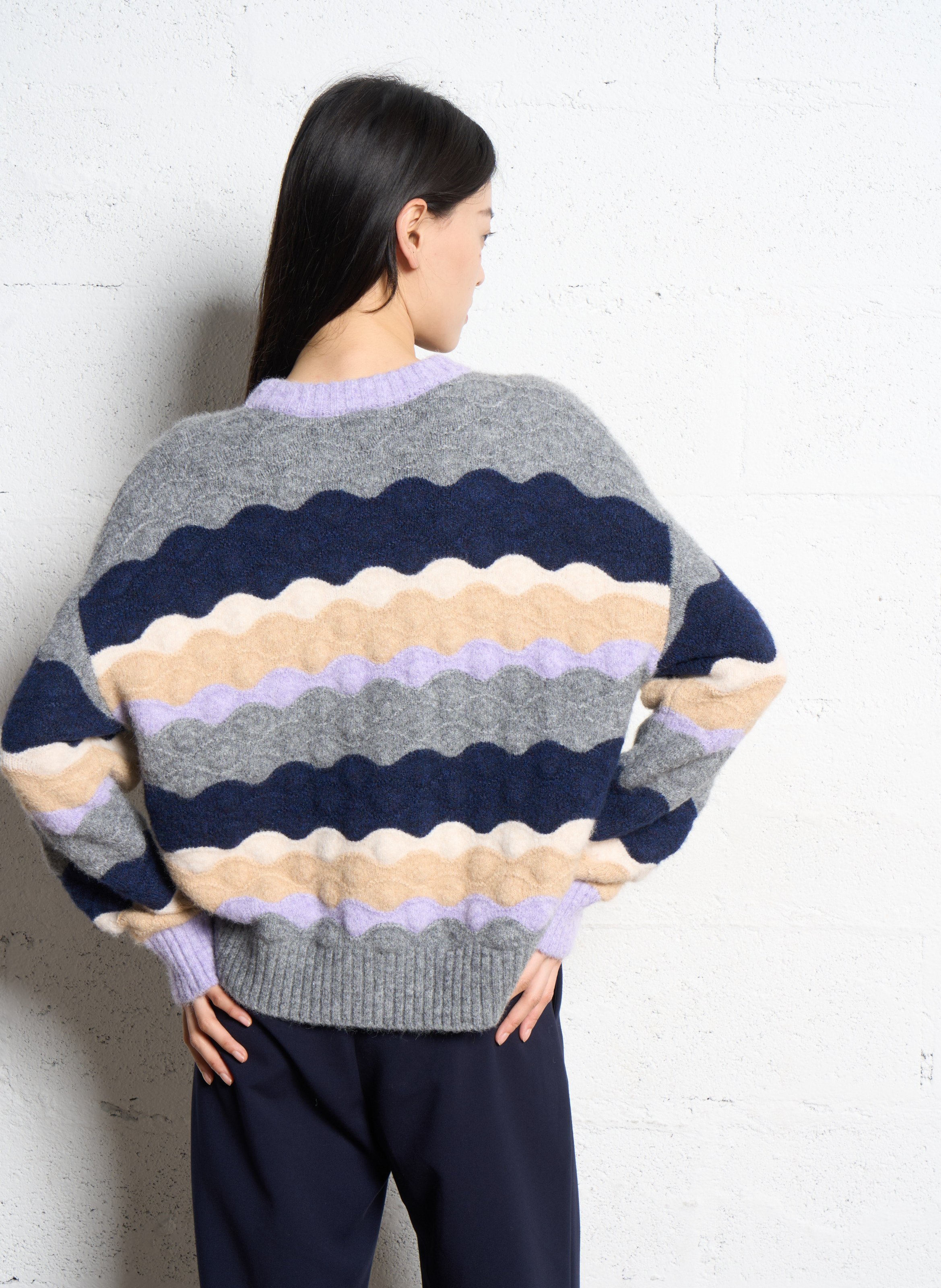 Pull ample rayé en maille fantaisie SUNCOO Gris