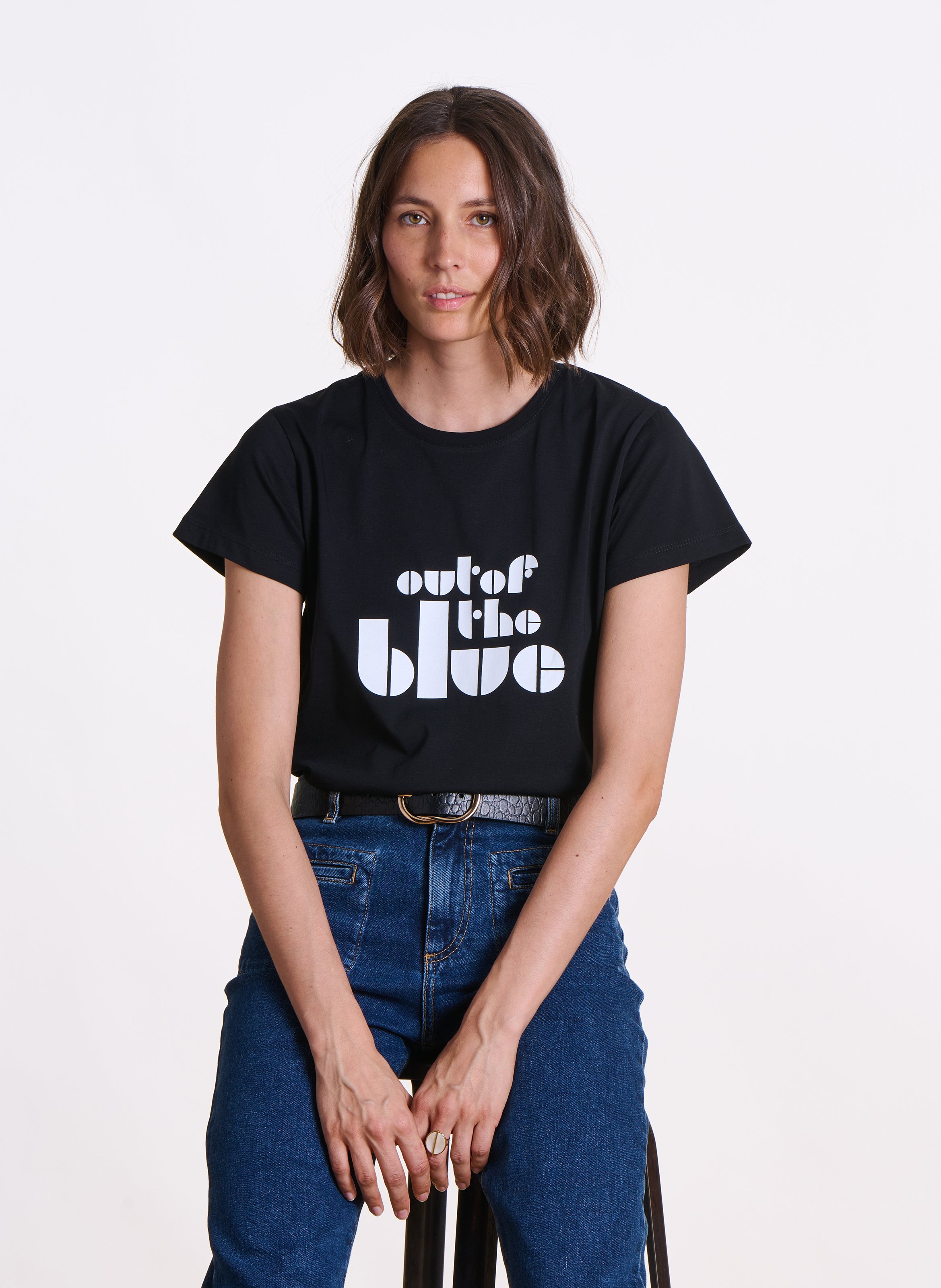 Recht T-shirt van biokatoen met ronde hals en zeefdruk LA FEE MARABOUTEE Zwart