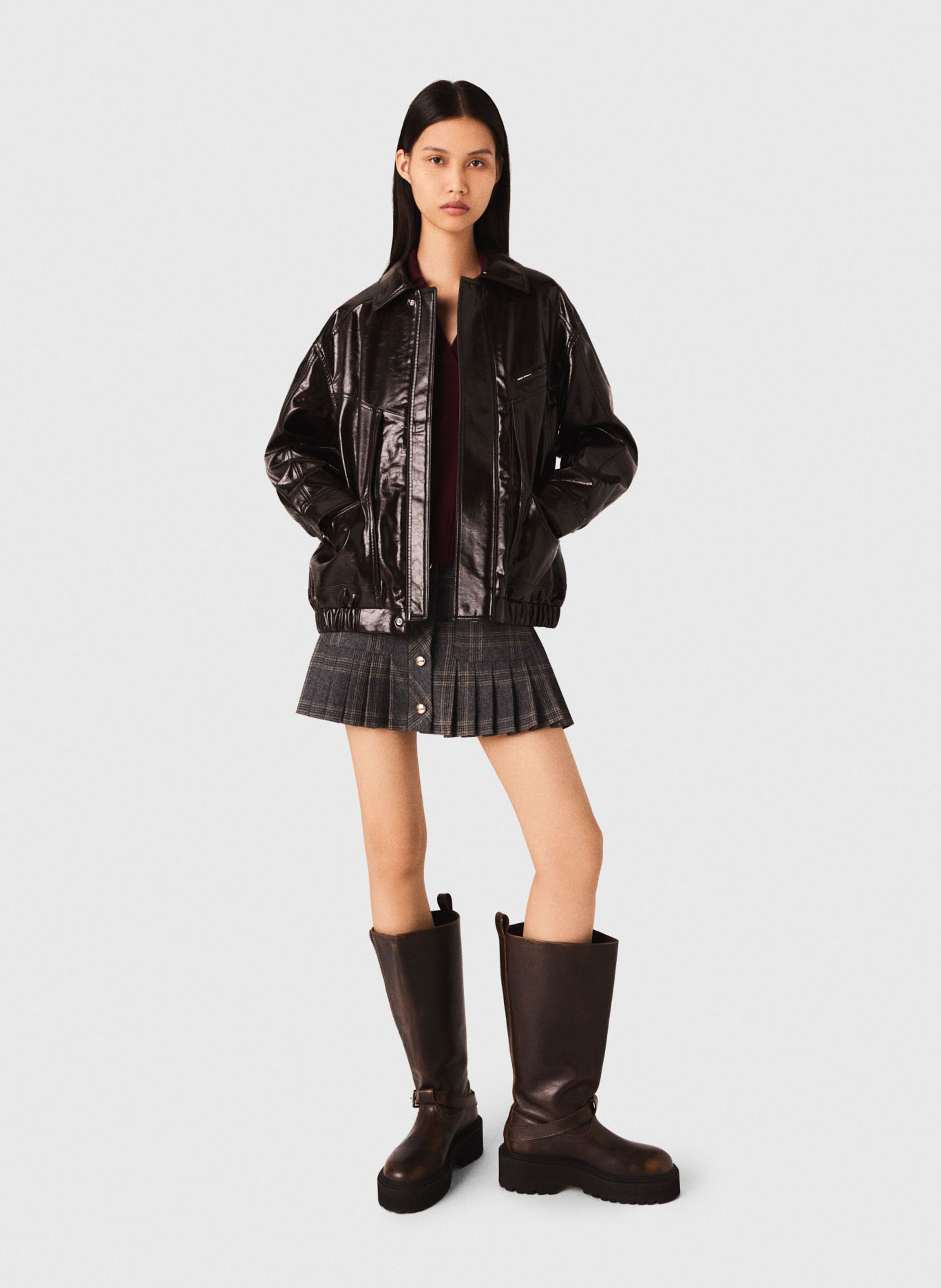 Straight patent leather jacket with cutouts MAJE Brown