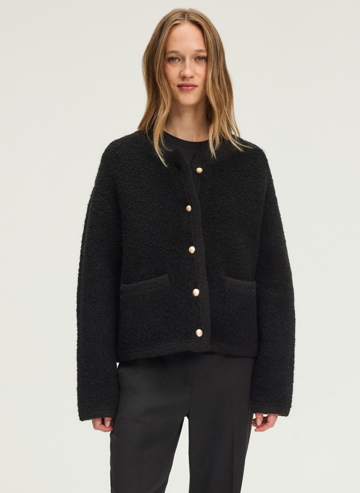 Straight round-neck mixed knit cardigan PABLO Black