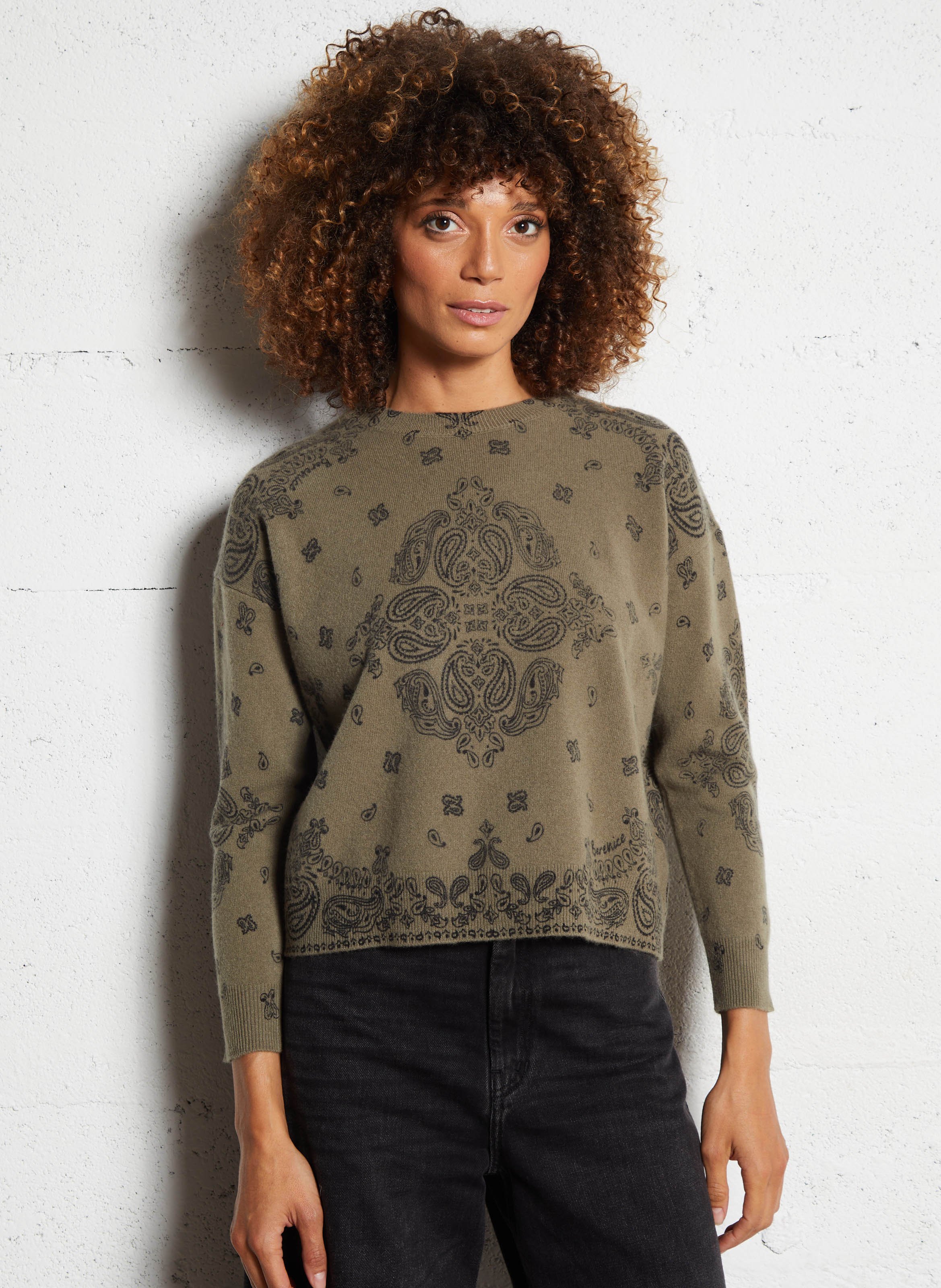 Weiter Jacquard-Rundhalspullover aus Wolle BERENICE Khaki