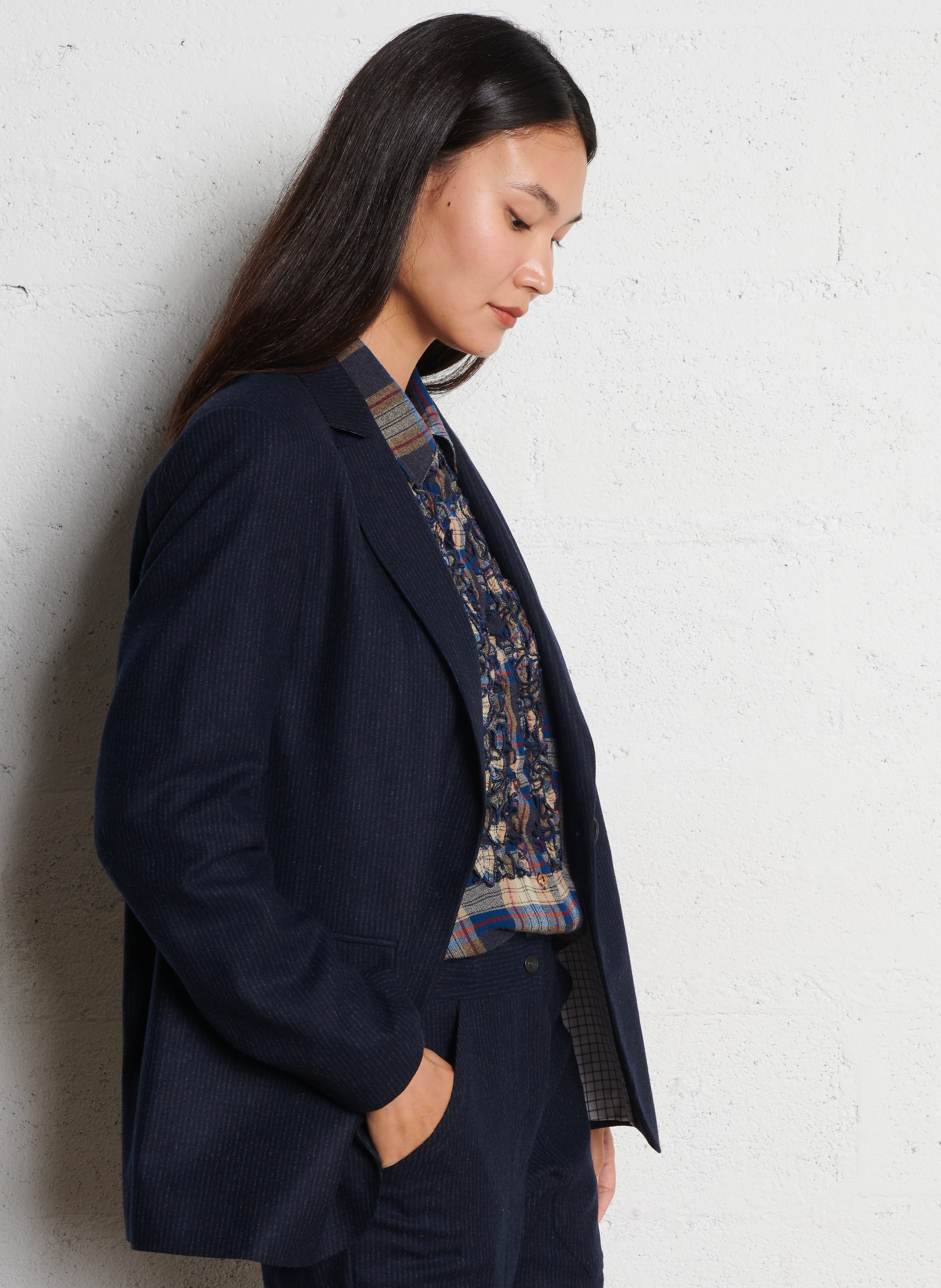 Veste droite col tailleur rayée en laine mélangée DIEGA Bleu