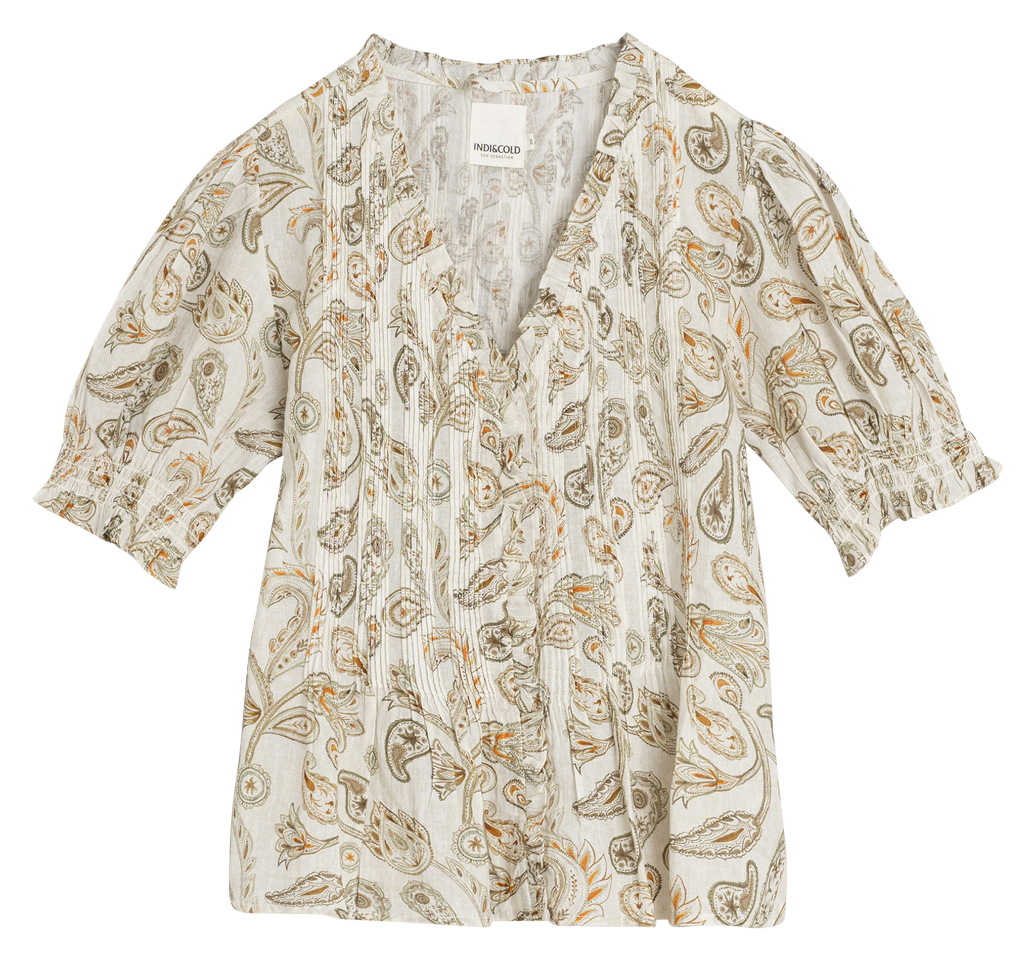 Blouse met V-hals en biologisch katoenen print Kaki