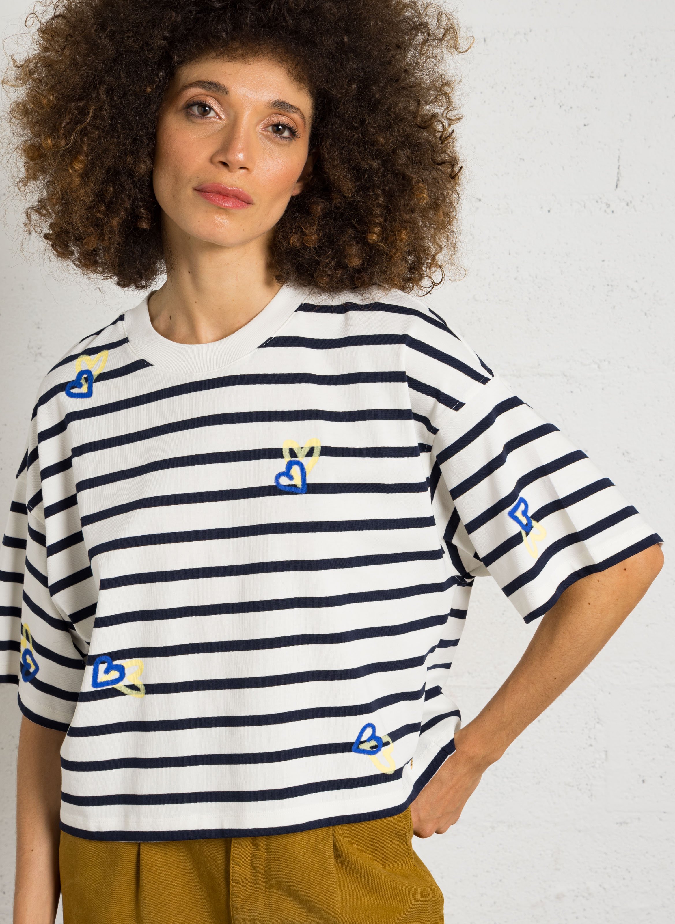 Tee-shirt ample rayé à motif cœur DES PETITS HAUTS