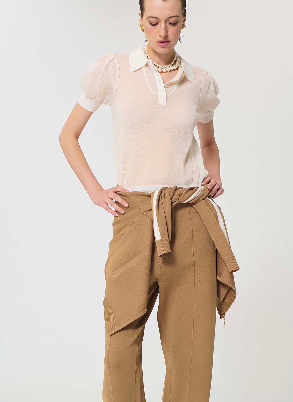 Polo droit manches ballon en laine mélangée TARA JARMON Beige