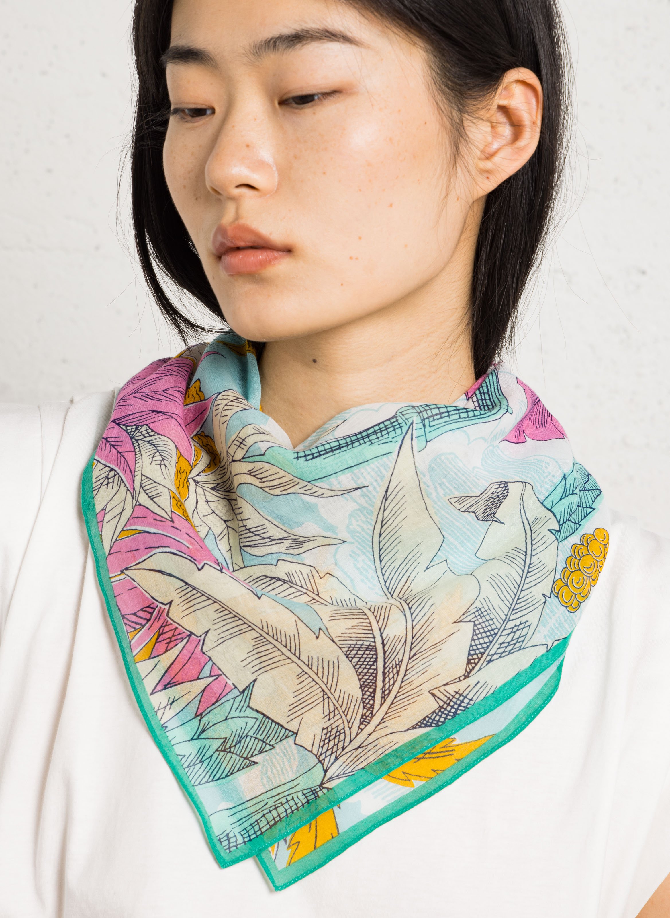 Square palm tree printed cotton scarf INOUI EDITIONS Blue