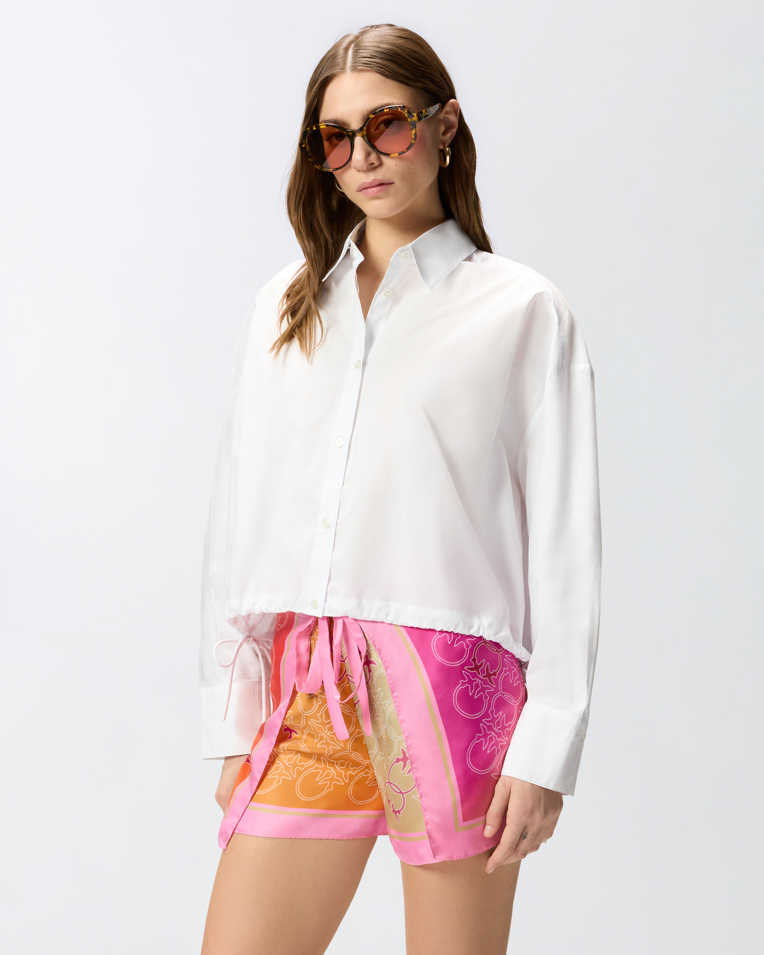 Chemise cropped en coton à rayures et logo PINKO Blanc