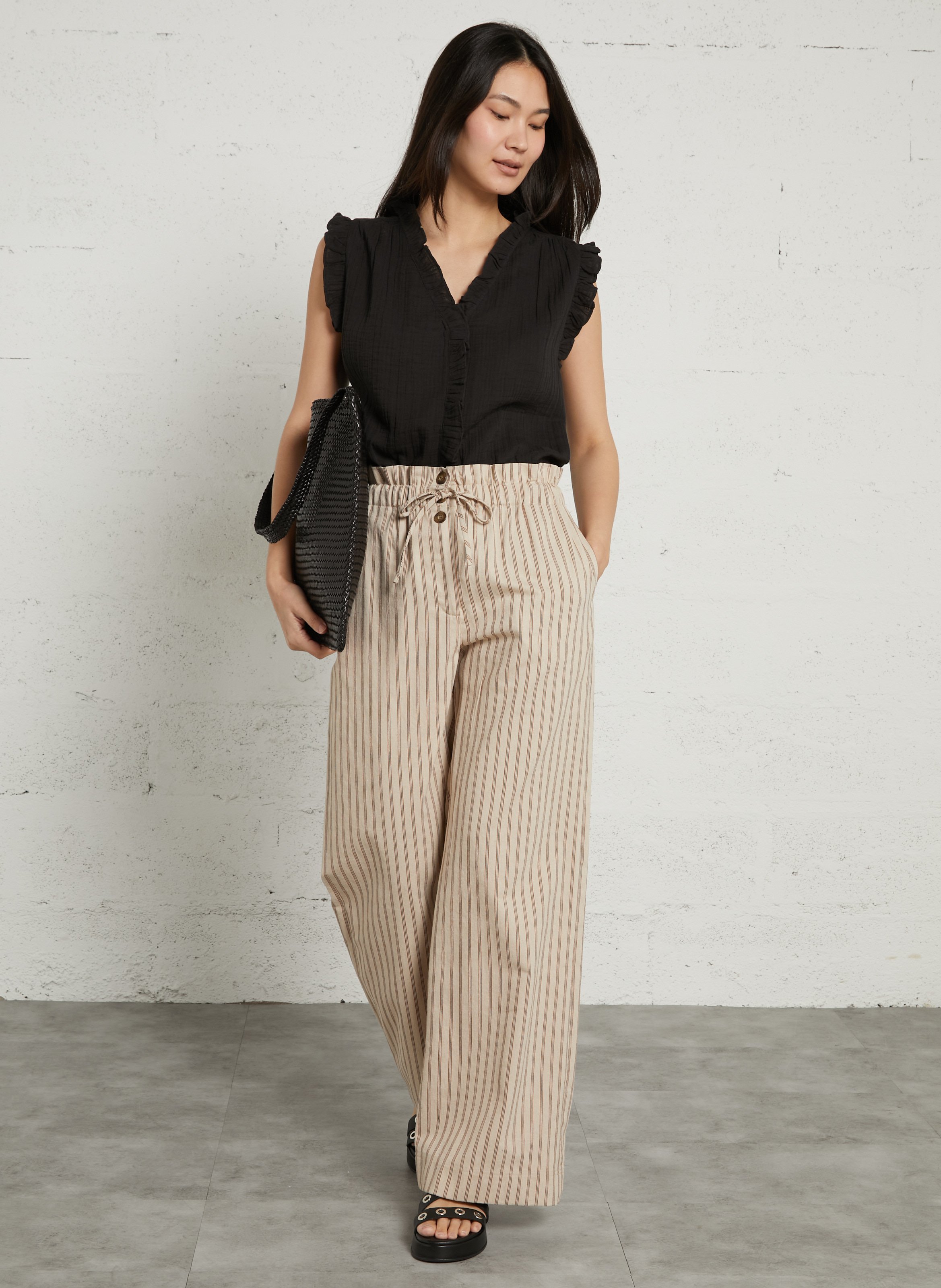 Pantalon large en coton mélangé rayé DES PETITS HAUTS Marron