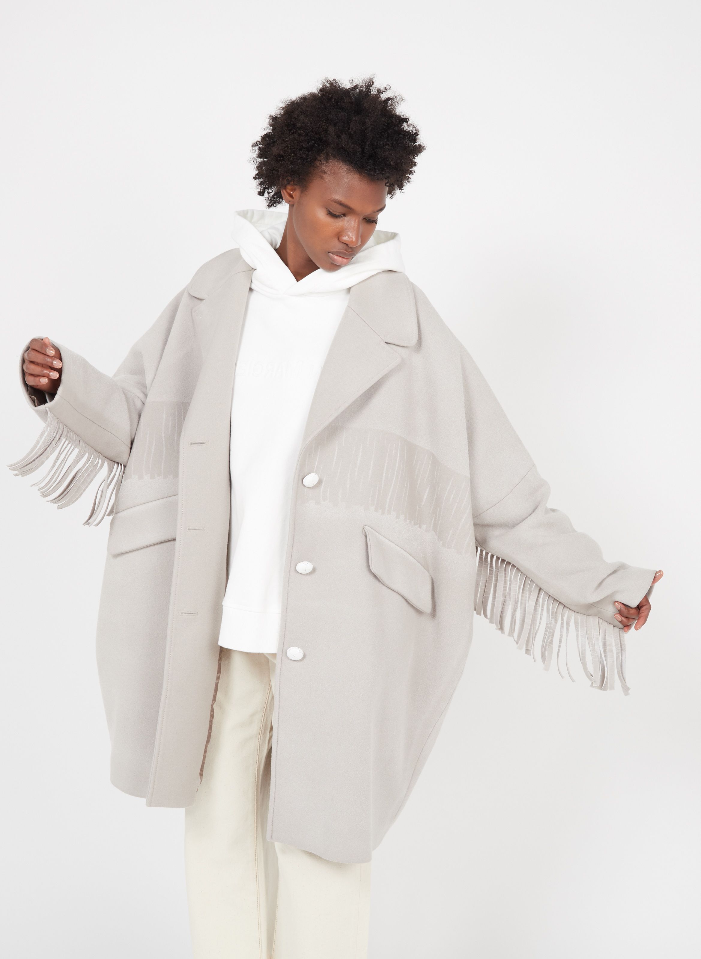 Beige Fringed wool-blend coat with tailored collar