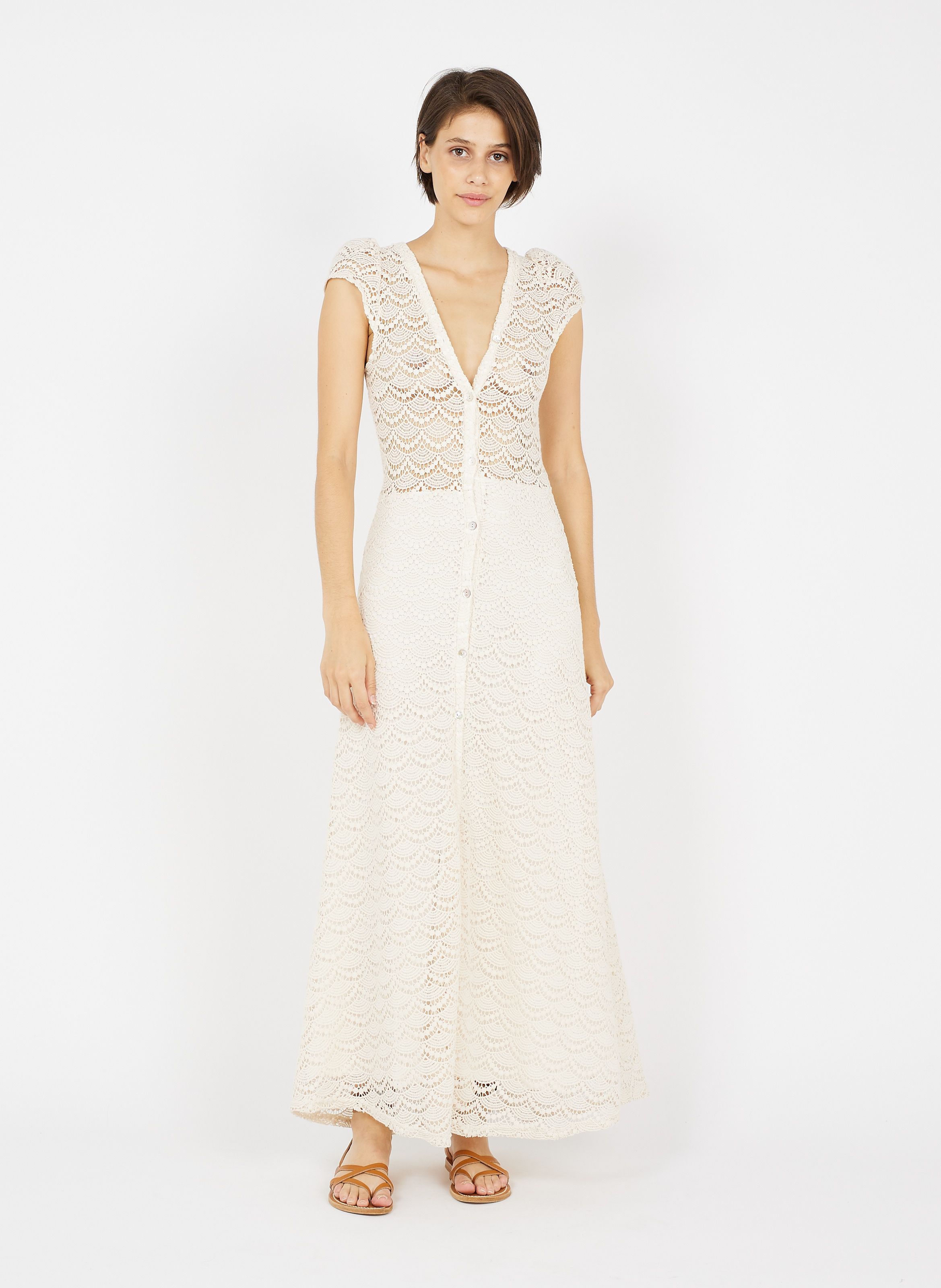 Robe longue en crochet Beige