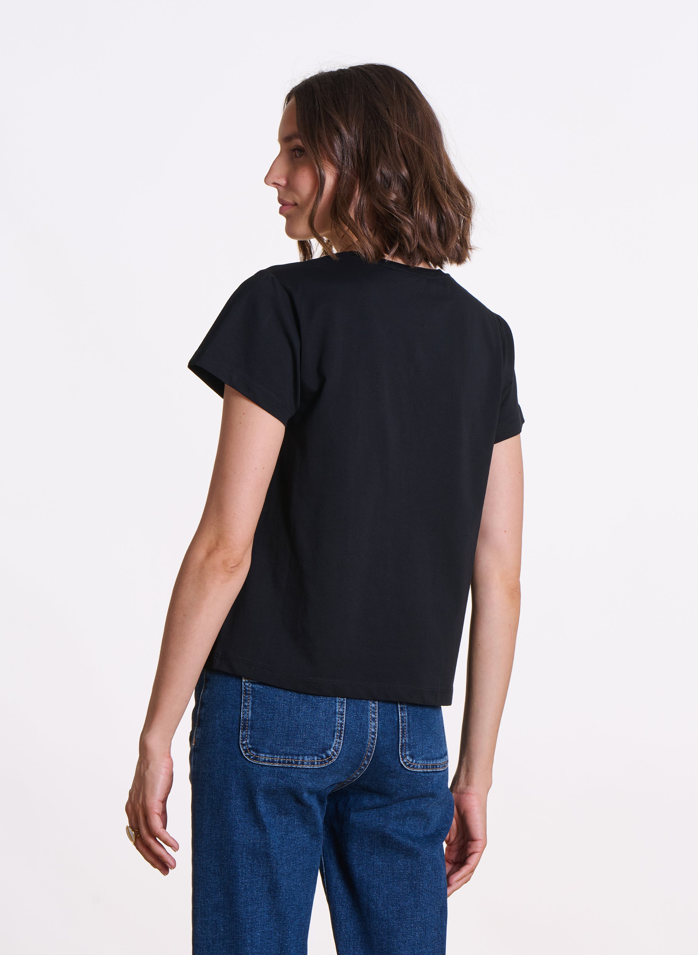 Recht T-shirt van biokatoen met ronde hals en zeefdruk LA FEE MARABOUTEE Zwart