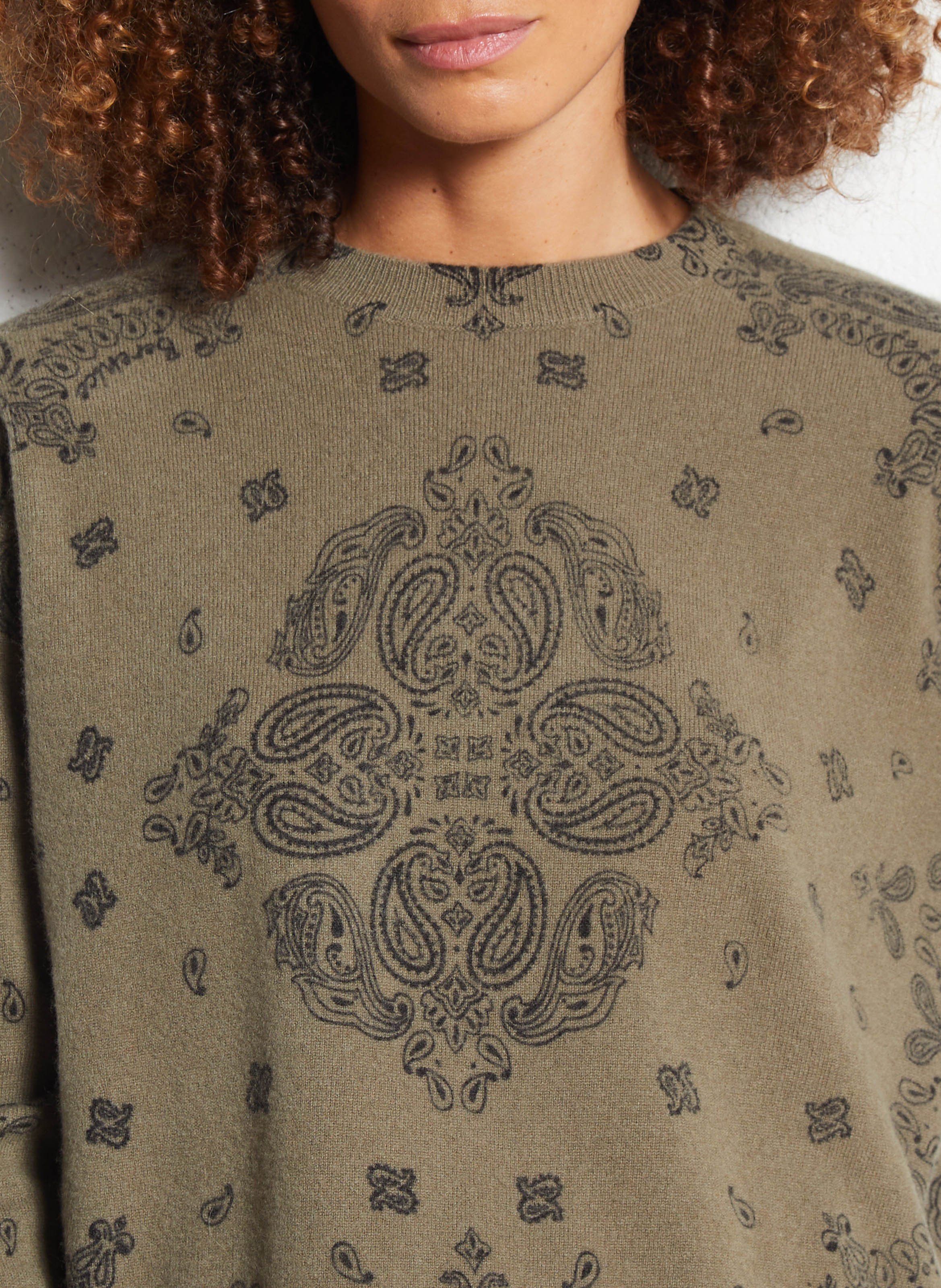 Weiter Jacquard-Rundhalspullover aus Wolle BERENICE Khaki